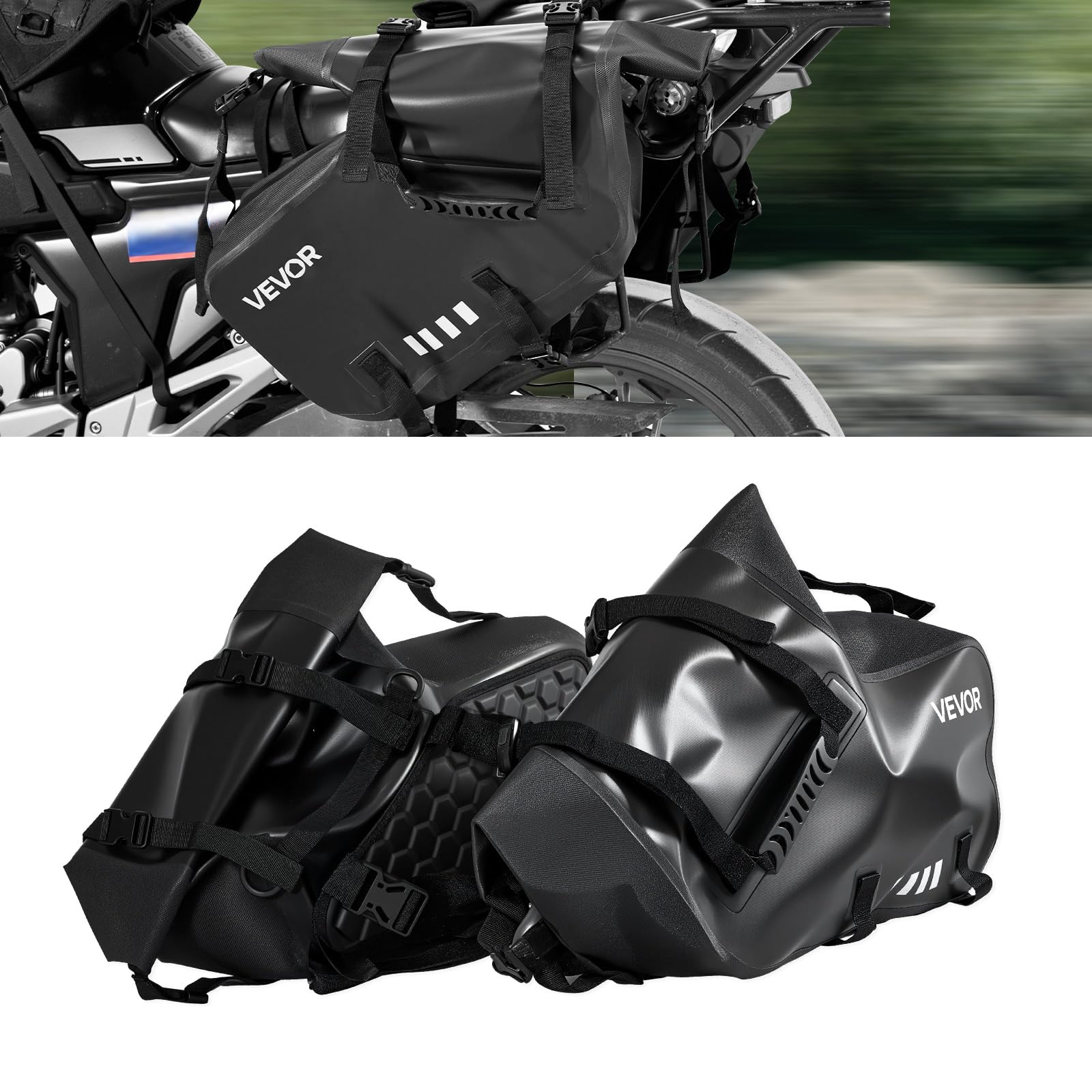 VEVOR Sacoche latérale de Moto, 28 L (14 L x 2), Sac de Selle Moto avec Housse de Pluie imperméable et Sangle inférieure, pour la Plupart des Motos, Sac à bandoulière pour Sport en Plein air, Noir