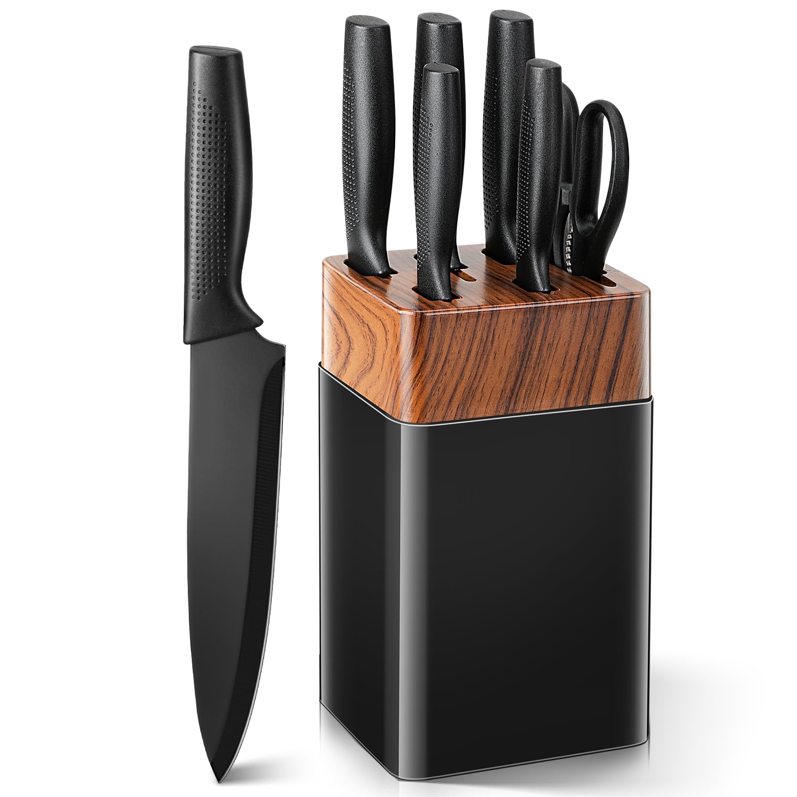 VINATO Set Couteau de Cuisine avec Bloc, 7 Pièces Couteaux Cuisine Noir | Bloc Couteaux cuisine, 5 couteaux plus ciseaux, Acier Inoxydable Antiadhésif, Bloc en PP Hygiénique, Manche Ergonomique