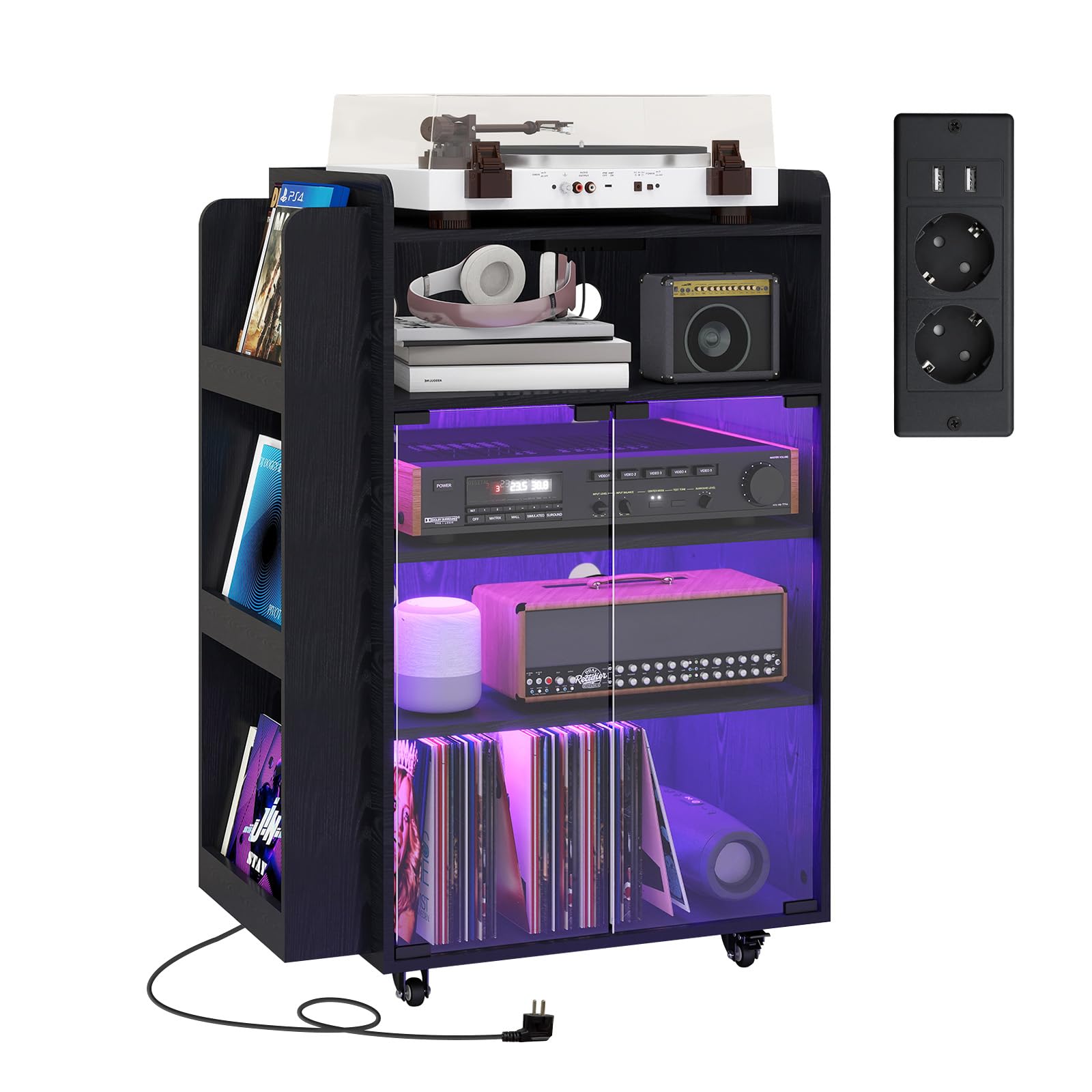 YU YUSING Meuble Vitrine CD Chaine HiFi à 5 Niveaux avec Éclairage RGB | 20 Couleurs, Prise Intégrée et Roulettes, Meuble Platine Vinyle, Étagères Réglables, DVD, Tourne Disque, Salon/Bureau/Studio