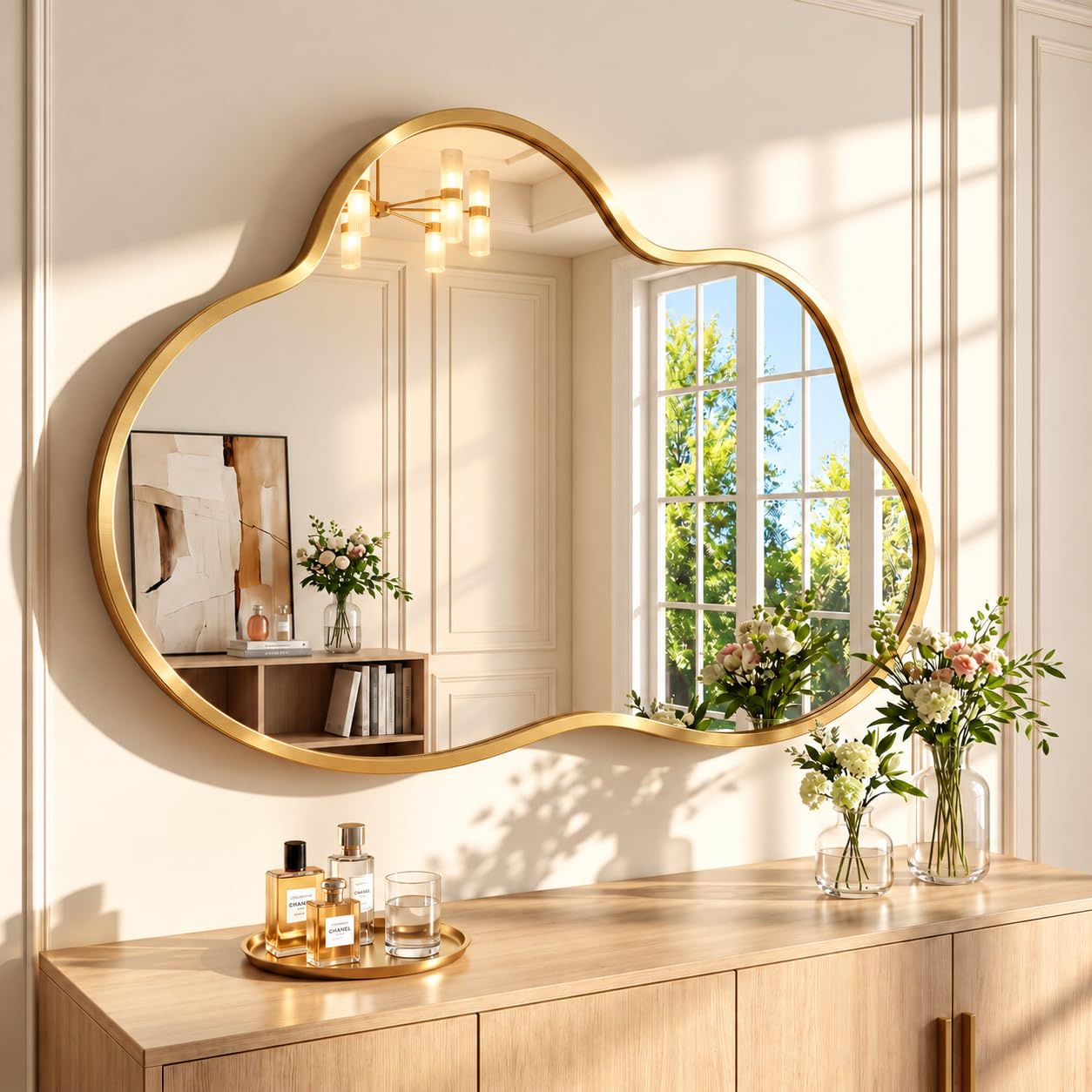 MAMIZO Miroir Asymétrique mural, 70x100cm, Verre Trempé, Nuage Forme Mirror | Décoratif Miroir avec Cadre en Alliage d’Aluminium, Miroir Mural Irrégulier für Salon, Entrée, chambre, salle de bain, Doré