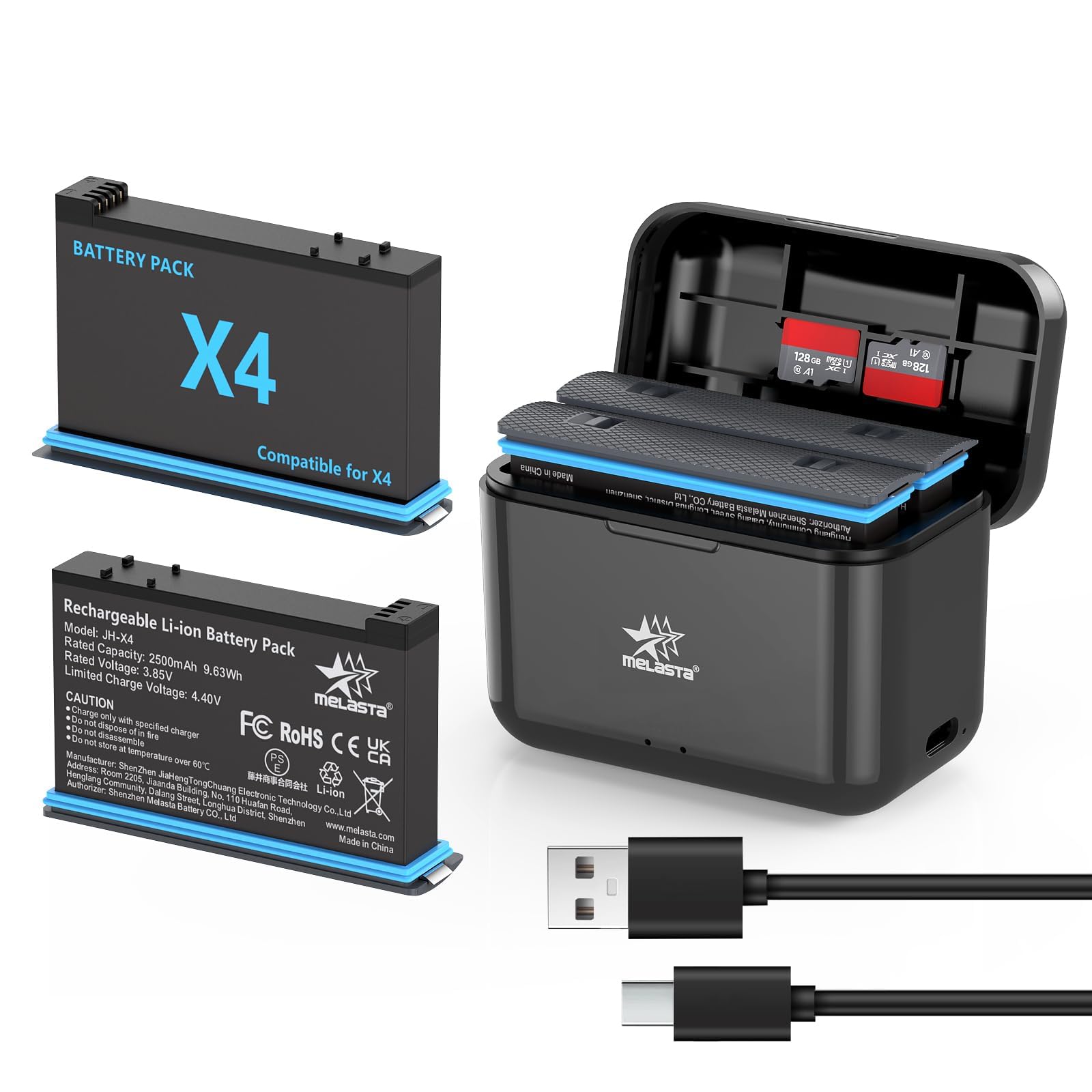 melasta per Insta360 X4 Batteria al Litio Ricaricabile, 3,85V 2500mAh Batteria x4 e Caricatore Con 2 Batterie e 1 Caricatore (Con Slot per Schede)