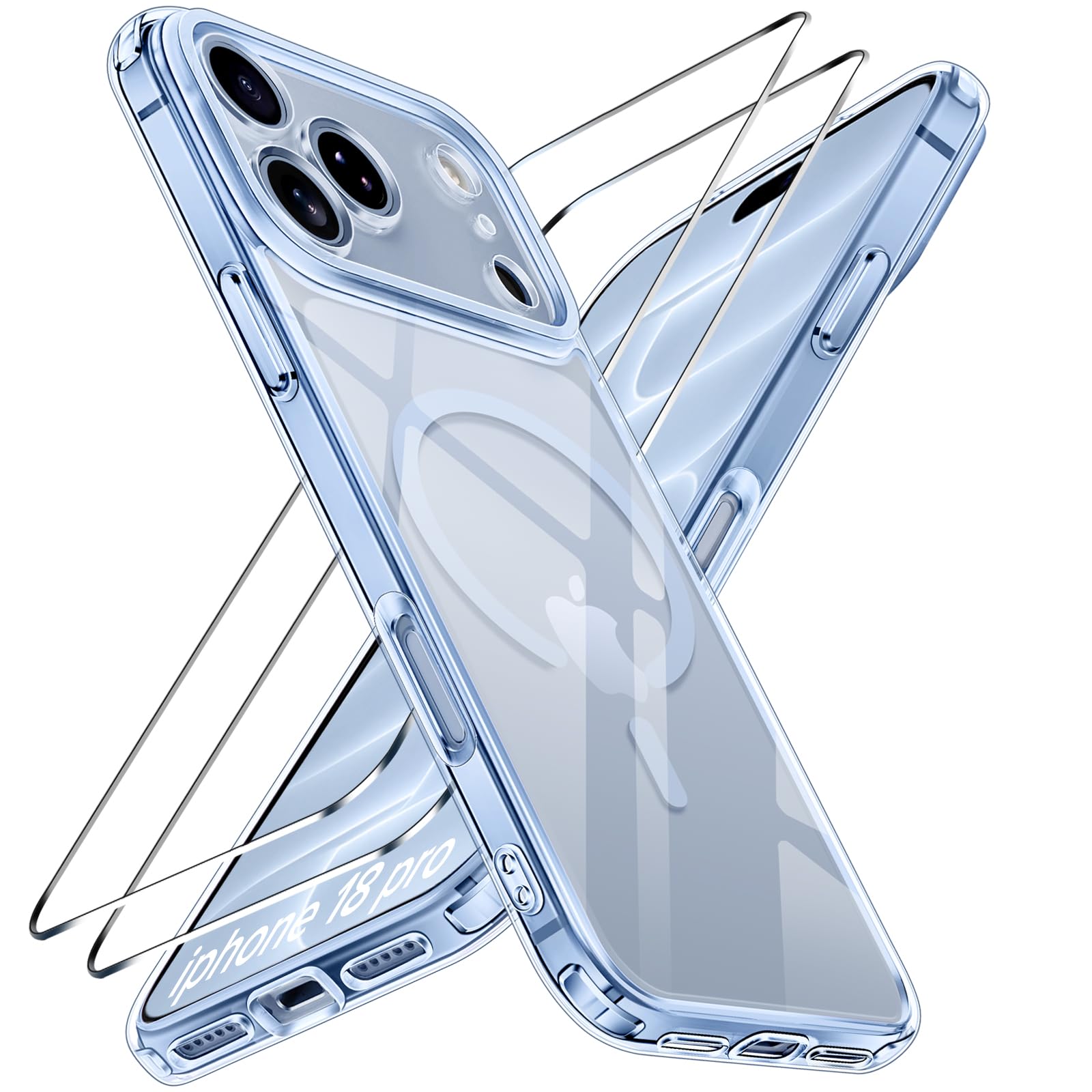ivoler Coque Magnétique pour iPhone 18 Pro 6.3" avec 2 Pièces Verre Trempé, Compatible avec MagSafe, [Anti-Jaunissement] HD Clair Étui de Téléphone Anti-Rayures Housse,Bleu
