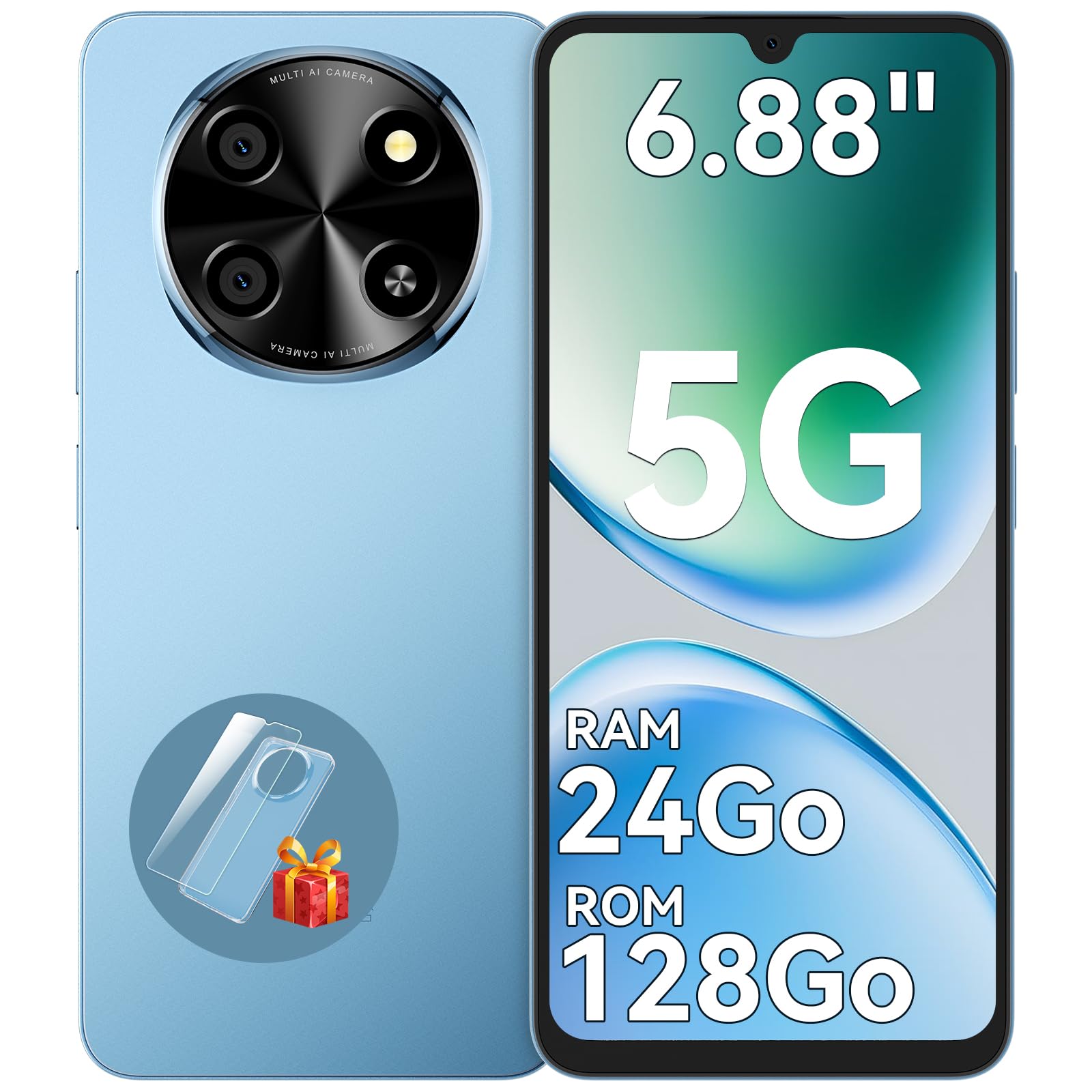Smartphone 5G 6,88'' 120Hz, 24Go RAM 128Go/2To TF, Téléphone Portable Android 15, Double SIM NFC, Unisoc T8100 Octa-Core, Batterie 5000mAh 18W, Telephone Portable Pas Cher, OTG/Face ID/Fingerprint