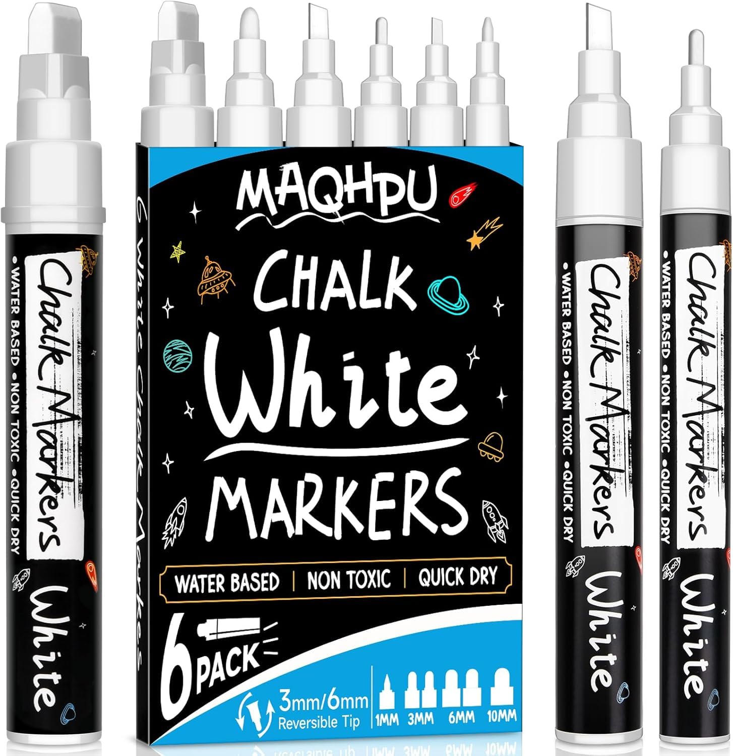 Maqhpu Craie pour Tableau Noir, 6 Feutre Craie Vitre Effacable Blanc | Marqueur Craie Effacable, Stylo Craie pour Tableau Noir Fenêtre Verre et Pots à épices (1 mm, 3 mm, 6 mm, 10mm)