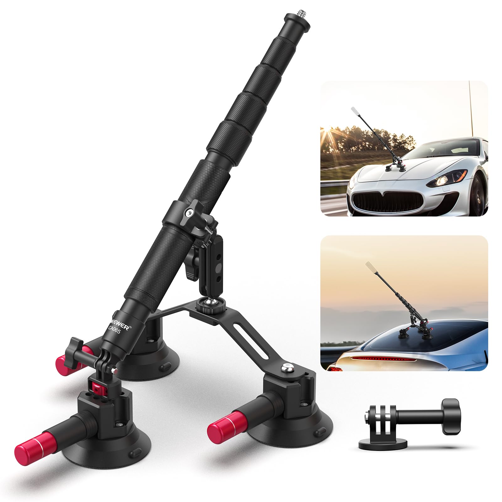 NEEWER Kit de Support Triple Ventouse Camera Voiture,CA065 | Avec Perche d'Extension 2 en 1, Libération Rapide, Fixation Triple Ventouse Compatible avec GoPro Insta360