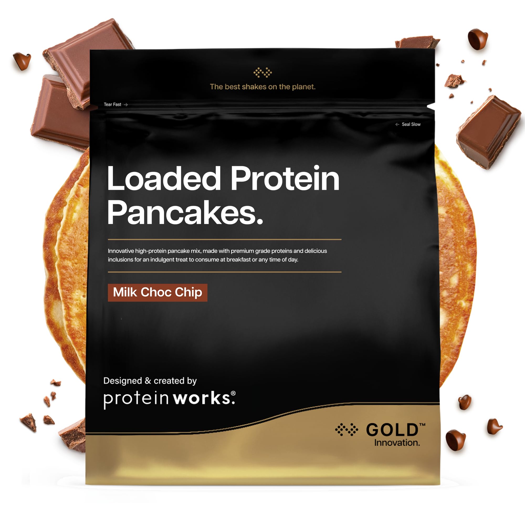 Protein Works | Loaded Protein Pancakes - Gold, Pépites de Choc au Lait | Mix Pancakes Protéinés Premium, Mélange Triprotéiné, Facile à Préparer, Petit-Déjeuner, Faible en Sucre, 8 Portions, 500g