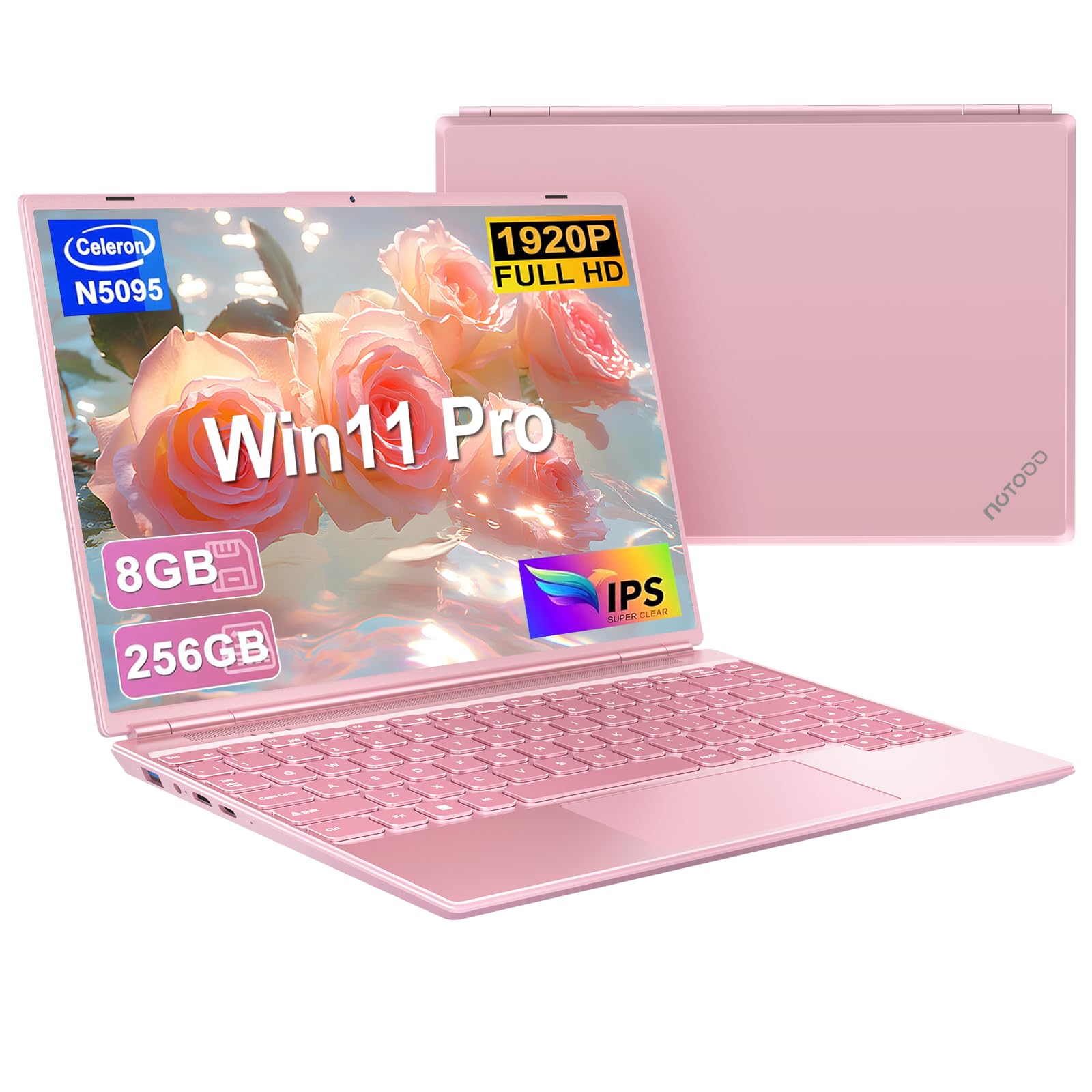 NOTODD Ordinateur Portable 14 Pouces Win11 Pro PC Portable Rose | PC Portable 4 cœurs Celeron N5095 (jusqu'à 2,9 GHz), Ordinateur Portable Win11 avec 5G WiFi 1920x1200 BT4.2