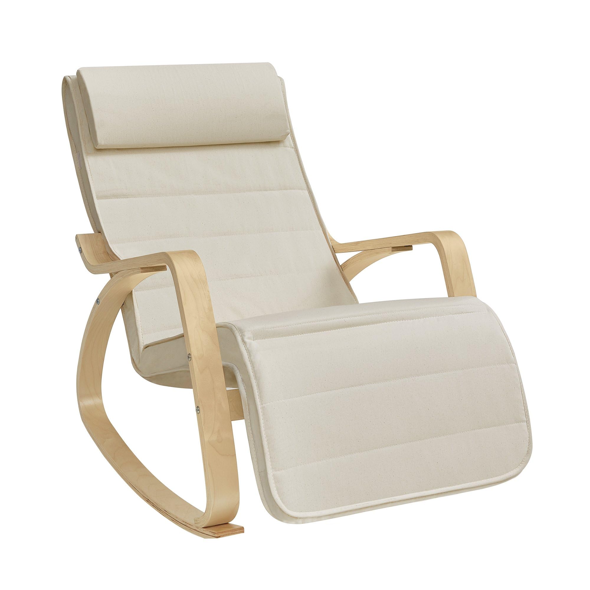 SONGMICS Fauteuil à Bascule, Chaise d’Allaitement, Accoudoirs en Bois | Repose-pieds Réglable en 5 Positions, Capacité 150 kg, pour Chambre, Salon, Beige, Collection Teou LYY10M