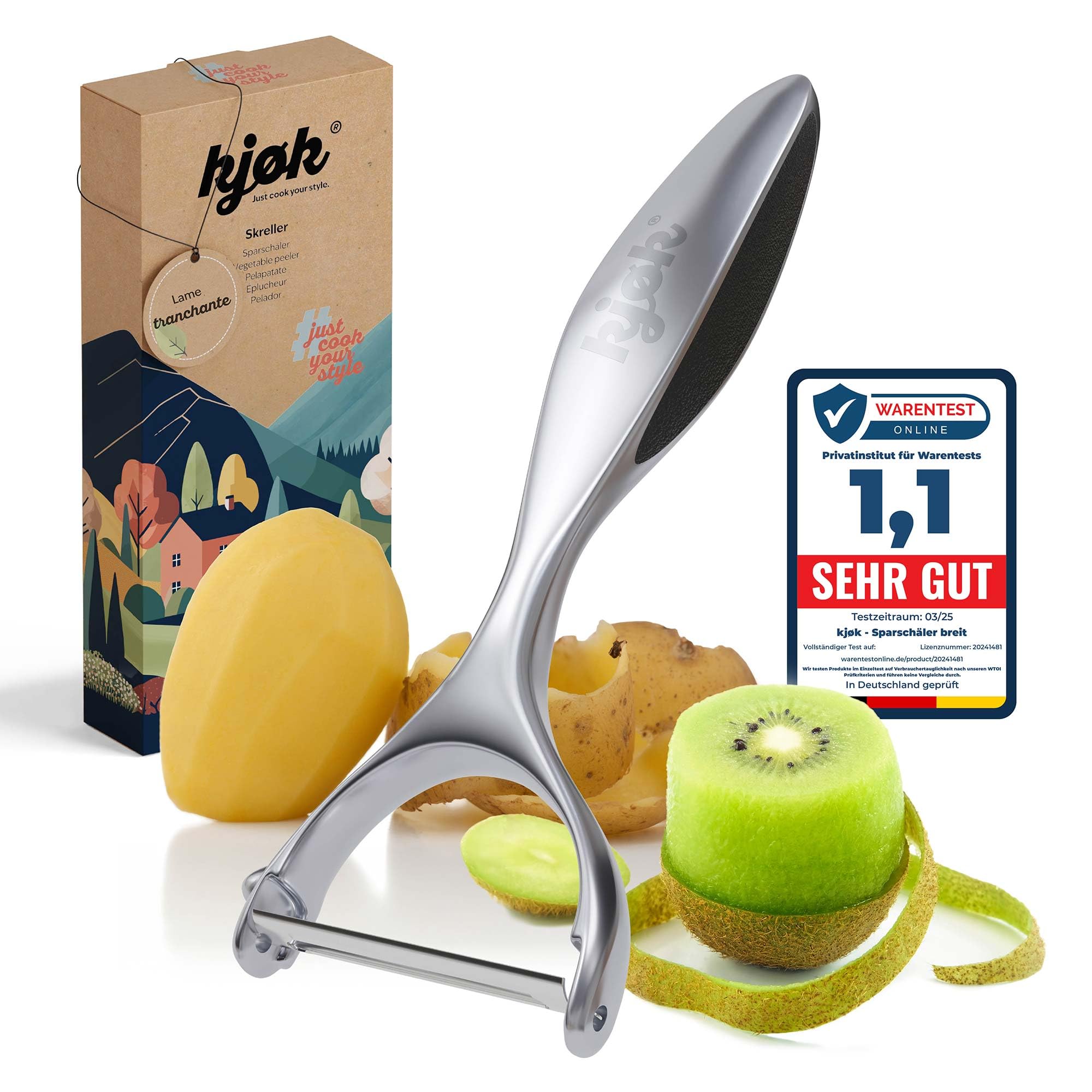 kjøk Éplucheur large – lame inox 51 mm, manche en alliage de zinc | Grand éplucheur de chef pour asperges, fruits et légumes, lame large inox tranchante, poignée robuste en alliage de zinc
