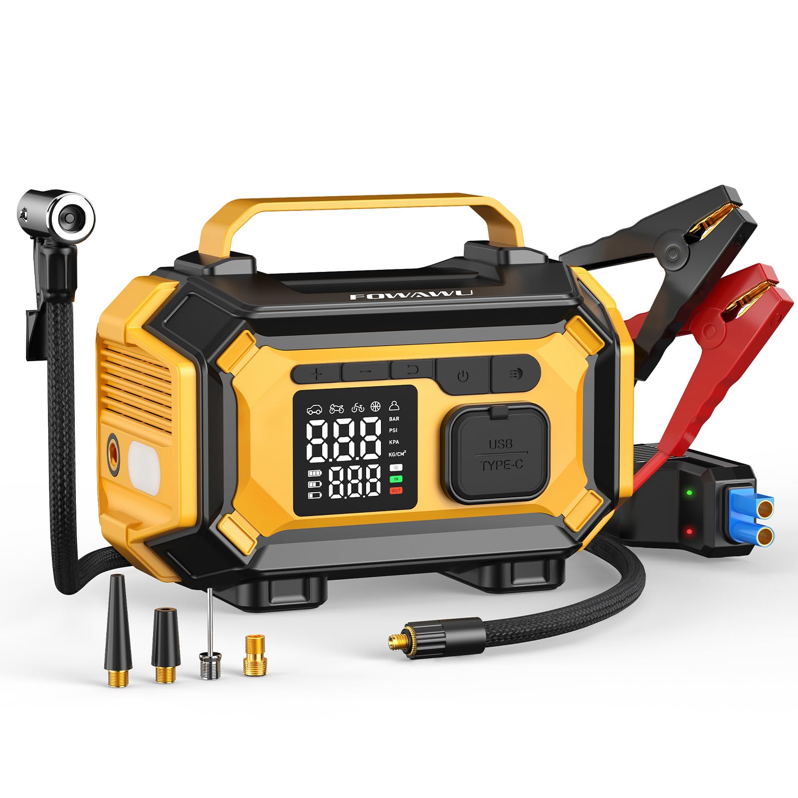 FOWAWU 8000A Booster Batterie Voiture,Démarreur de Batterie | Gonfleur 150 psi arrêt automatique, powerbank, LED 3 modes, 4 embouts fournis, compatible essence et diesel jusqu’à 10 L