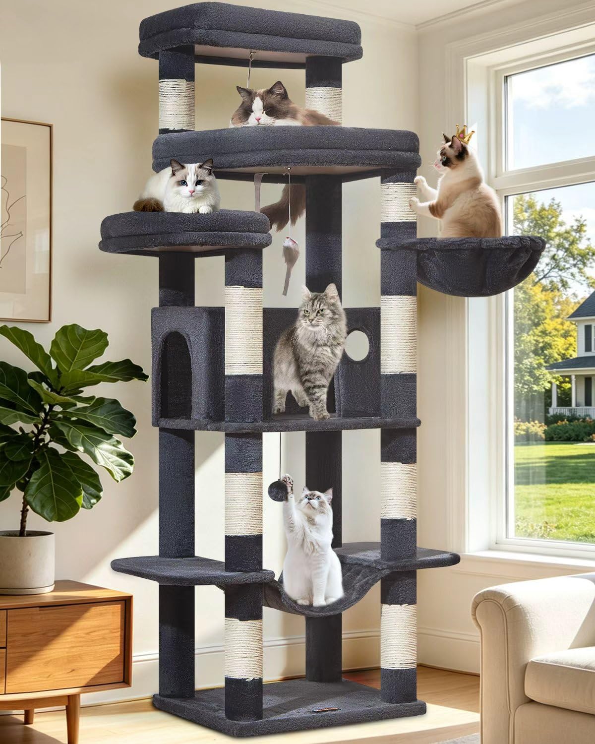 Taoqimiao Arbre À Chat 180 cm, Tour XXL Adapté Aux Grands Chats Jusqu’à 9Kg | 3 Plateformes, Hamac, Panier, 9 Griffoir Sisal, Espace De Repos Et D’Activité Pour Chats D’intérieur, MS034G Gris Foncé
