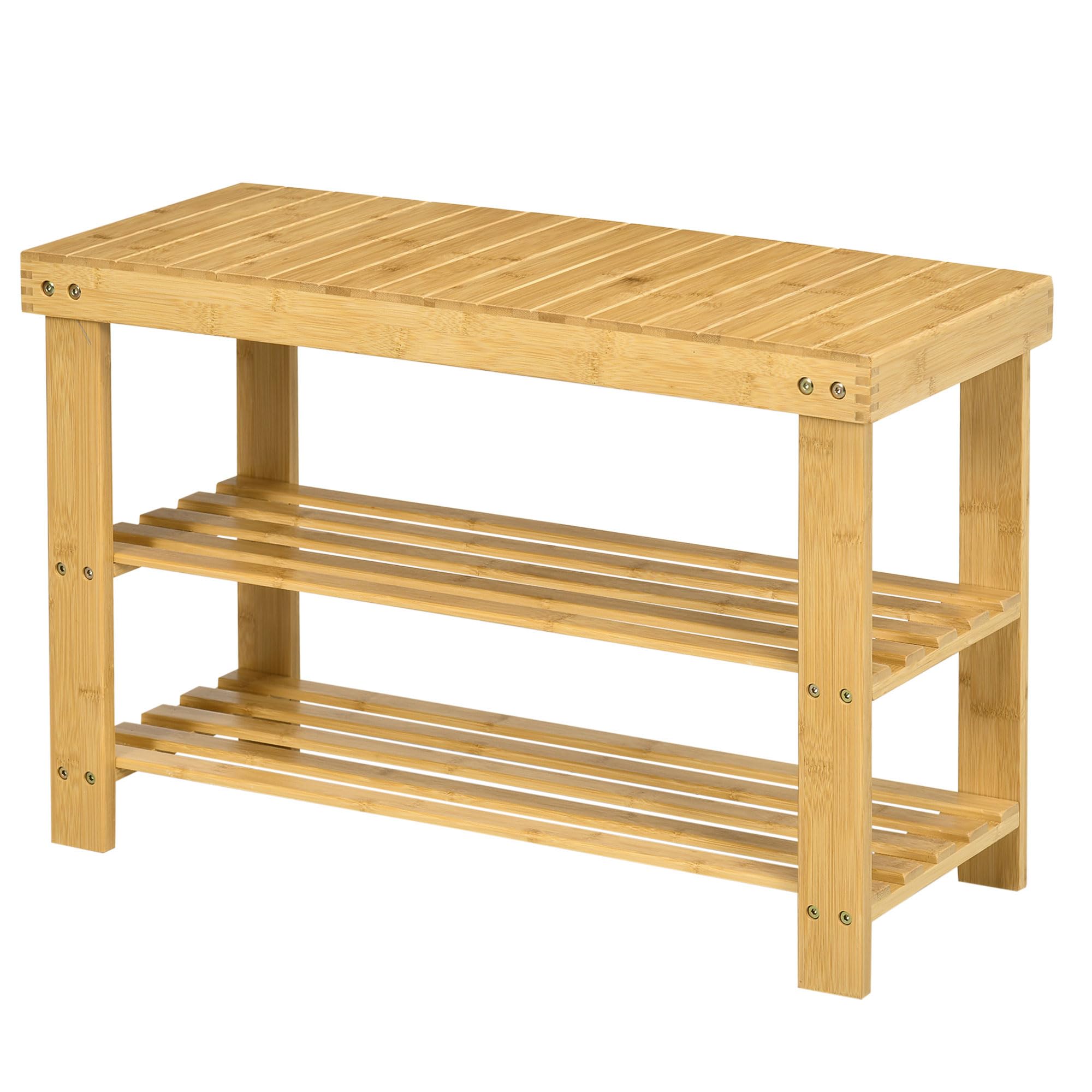 HOMCOM Banc à Chaussures en Bambou Scandinave 70 x 28 x 45 cm Bois Naturel | Étagère à Chaussures à 3 Niveaux, Banc de Rangement pour Entrée, Salon, Chambre, Charge 136 Kg