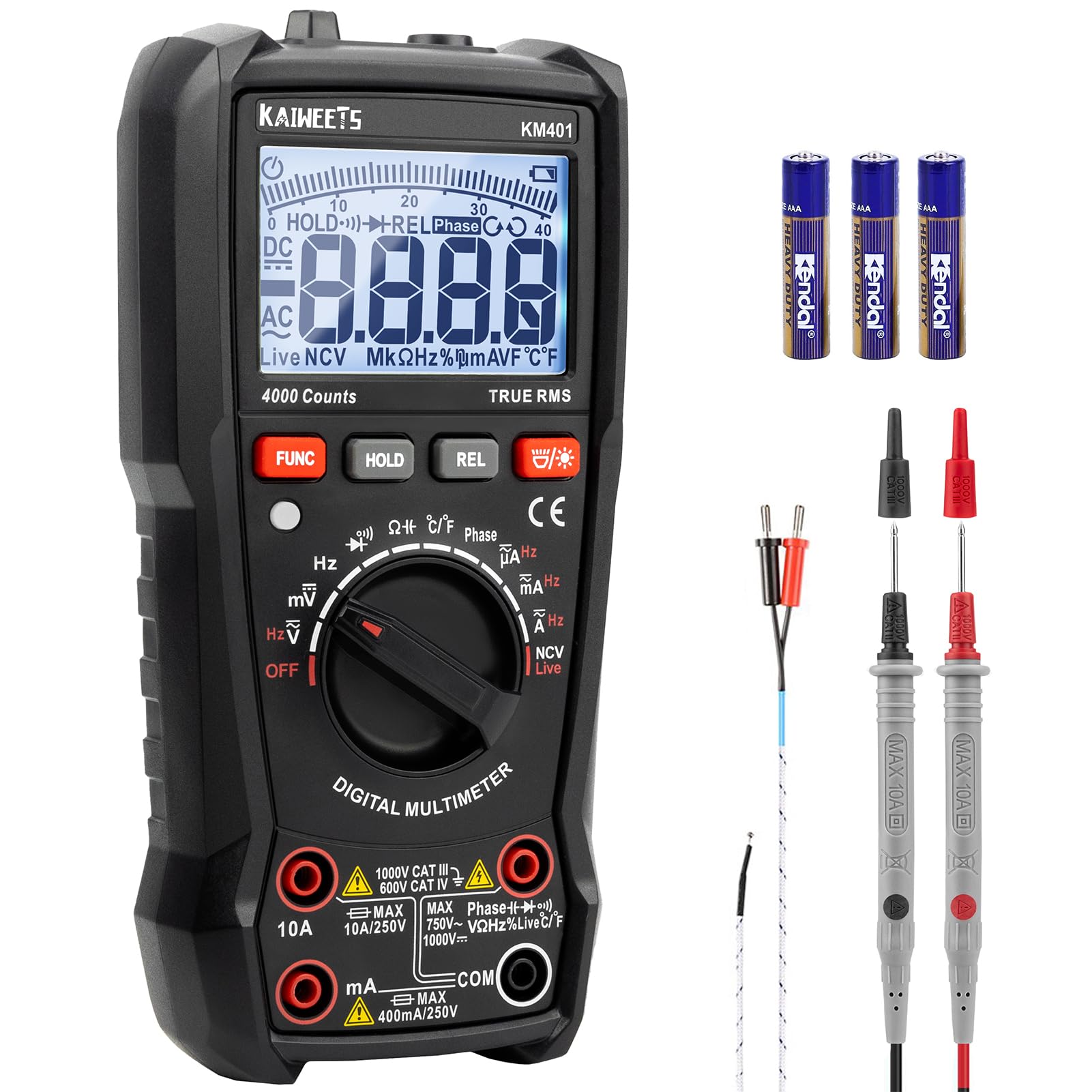 KAIWEETS Multimètre Numérique TRMS 4000 Comptes, Multimètre Professionnel, Testeur Electrique, Mesure de Tension/Courant CA/CC Résistance Capacité Diode Fréquence Température et Séquence de Phase