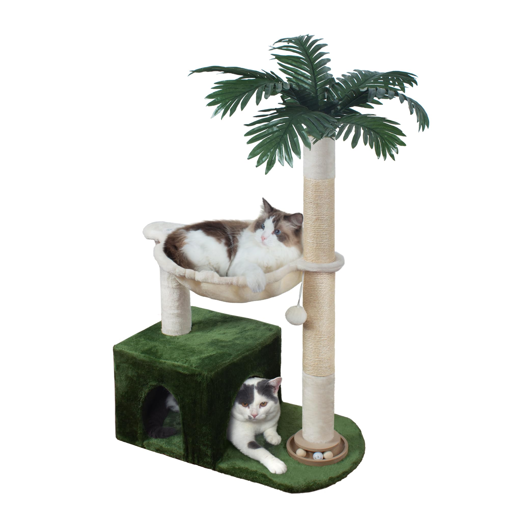 Fantasreen Arbre à Chat 95cm avec Hamac Métal & Piste, Vert et Blanc | Grand hamac en métal. Piste à billes avec balle rebondissante. Inclut un condo pour chat. Vert et blanc. Stable et durable.
