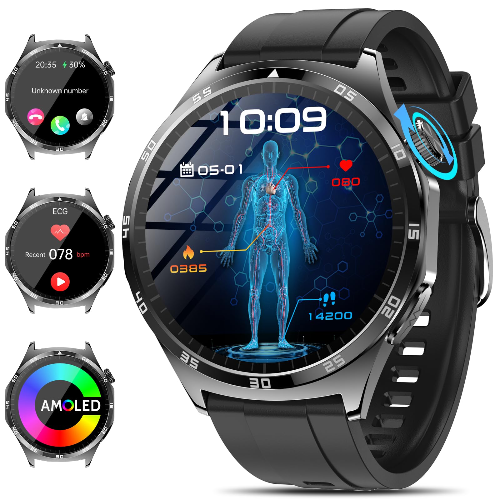 Montre Connectée Homme avec ECG/Sommeil/Tension Artérielle/Sportif Noir | 1,43" Smartwatch Santé,24H Fréquence Cardiaque/SPO2/Température Corporelle,Montre Sport,Appel Bluetooth/SOS,pour Android/iOS