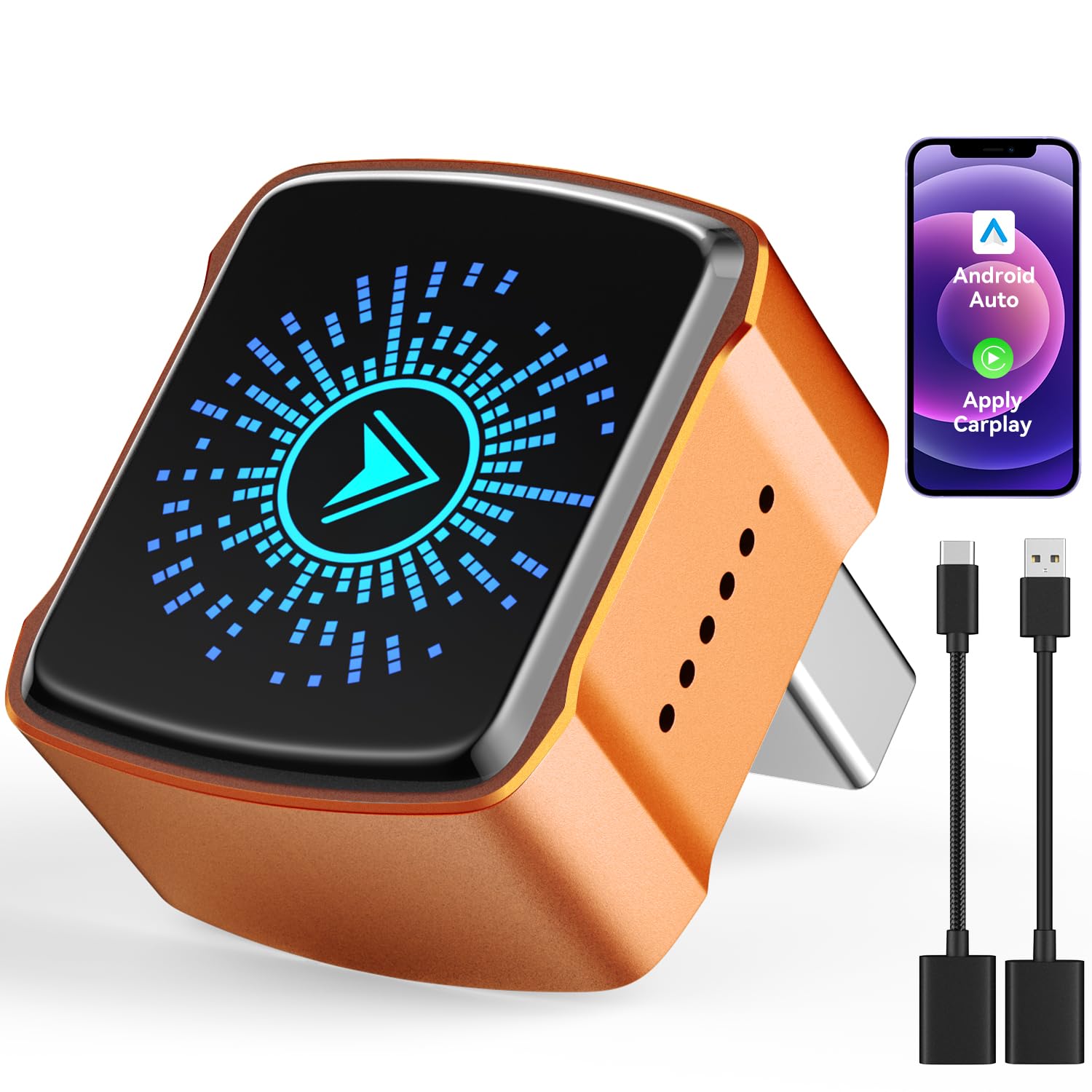 Bemkia Adaptateur CarPlay sans Fil pour Apple CarPlay et Android Auto | Compatible avec iOS 12+ & Android 11+, Auto-Connexion 5–10s, Voitures 2016+, Bluetooth 5.3, Plug & Play USB-A/C, Orange