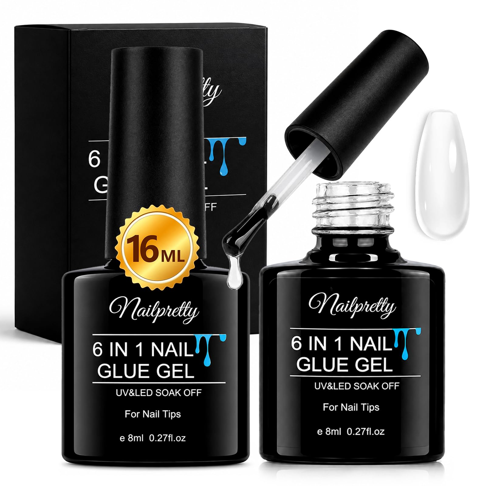 2 x 8ml Colle Faux Ongle 6 en 1, Colle Faux L'ongle Avec Pinceau | Extra Forte Rapide, Longue Durée, für Die Nagelverlängerung und Reparatur von Eingerissene, Pour Usage et à Domicile