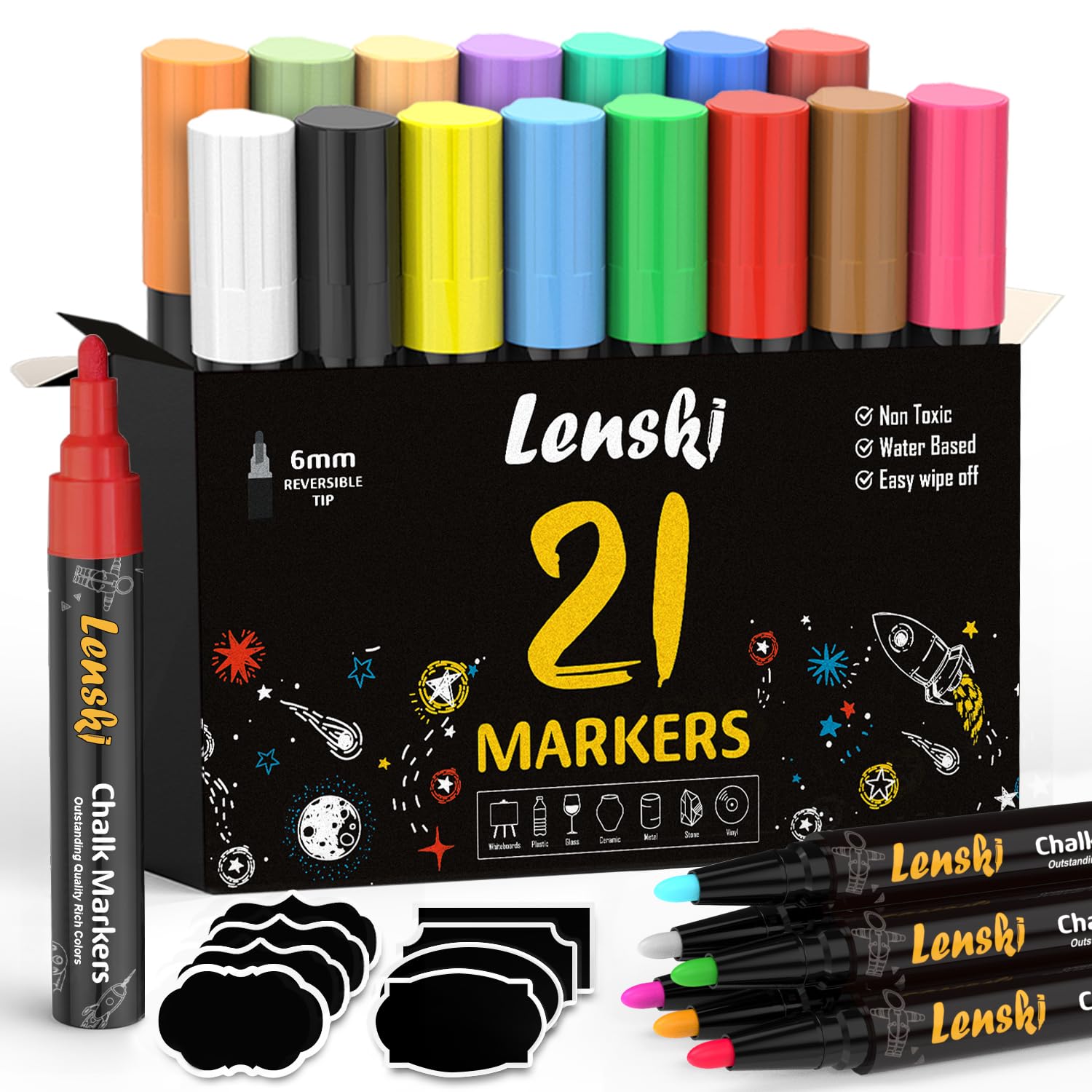 Lenski 21 Stylo Craie Pour Tableau Noir Effacable, Marqueur Craie Effacable | 6mm Feutre Crai e, 10mm Effacable Stylo Craie, Feutre Craie pour le Verre Fenêtre, Idee Cadeau Noel Original