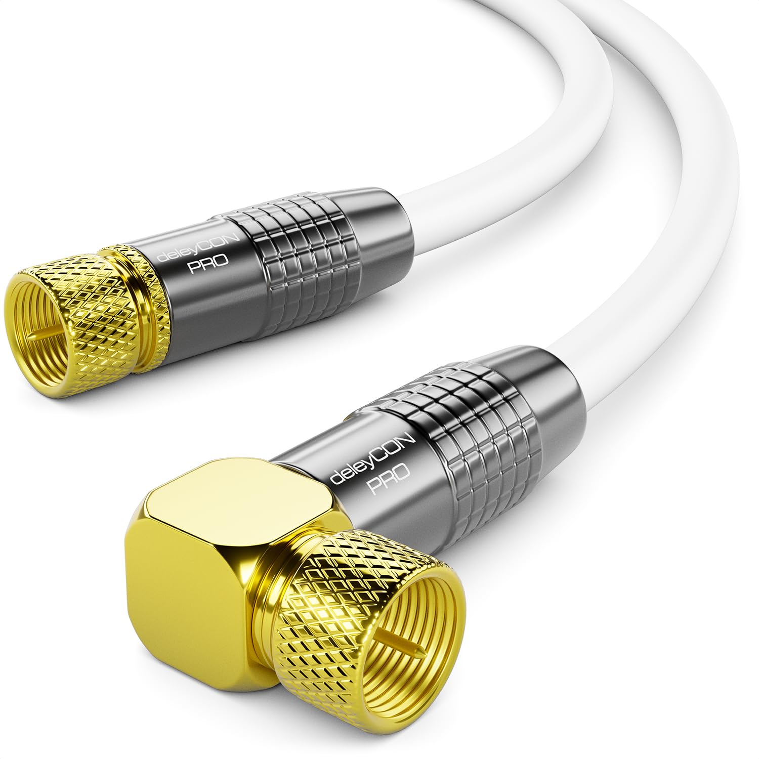 deleyCON 1m Câble Antenne SAT Câble Satellite Coaxial - HDTV Full HD 4K - Connecteur F 90° Coudé vers Connecteur F Droit - Blanc