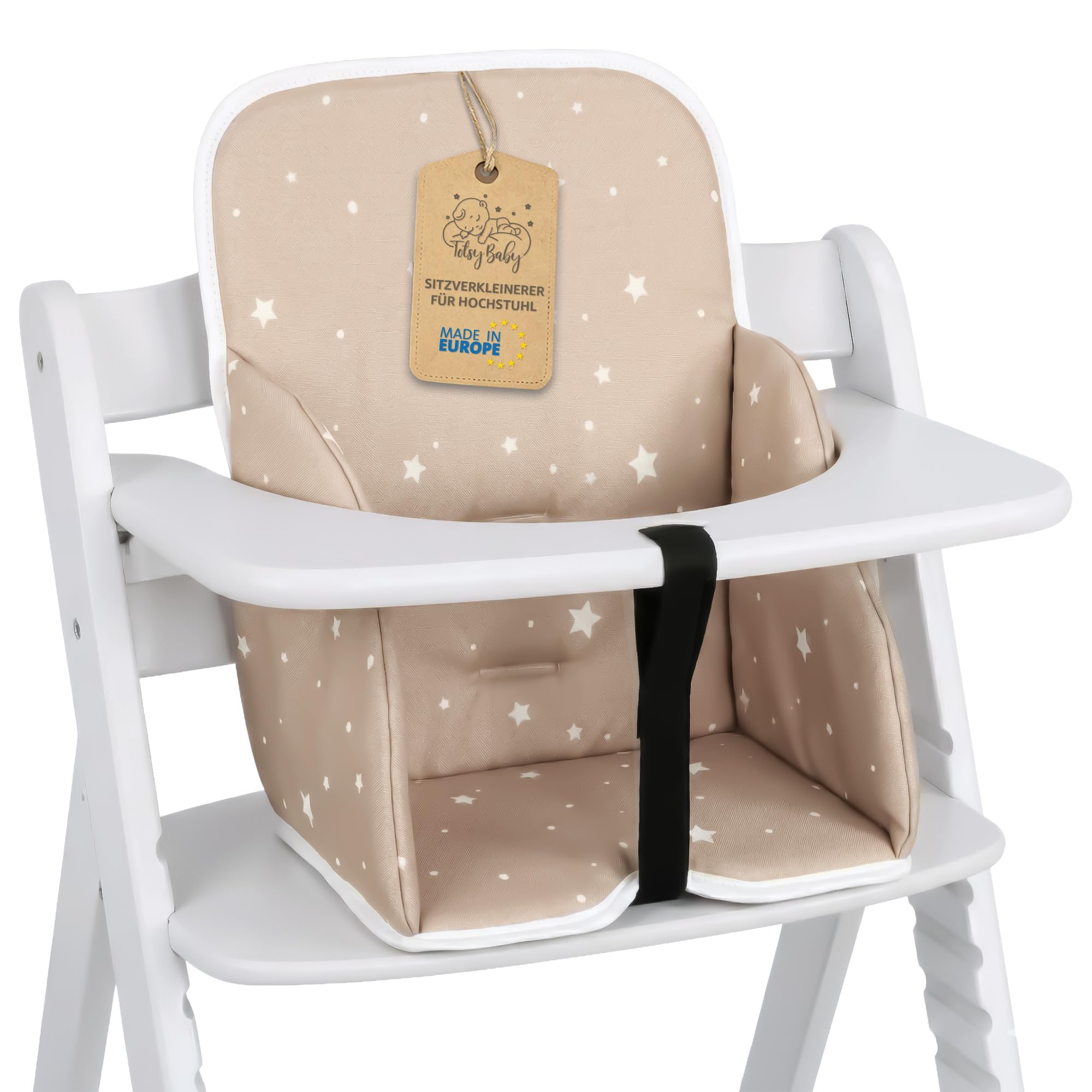 Coussin de chaise haute bébé réducteur de siège enfant parois renforcées | Housse assise pour siège Chicco Polly plastique déperlant antidérapant parois renforcées doux Beige avec étoiles blanches