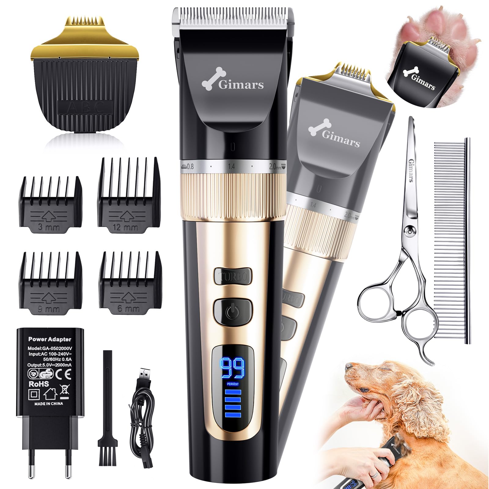 Gimars 2 in 1 Ceramic Blade Dog Grooming Clippers with Small Trimmer, 3-Speed High Power Quiet Rechargeable Dog Shaver Hair Clippers Kit with Comb & Scissors USB Cordless Electric for Dog, Cat, Pet