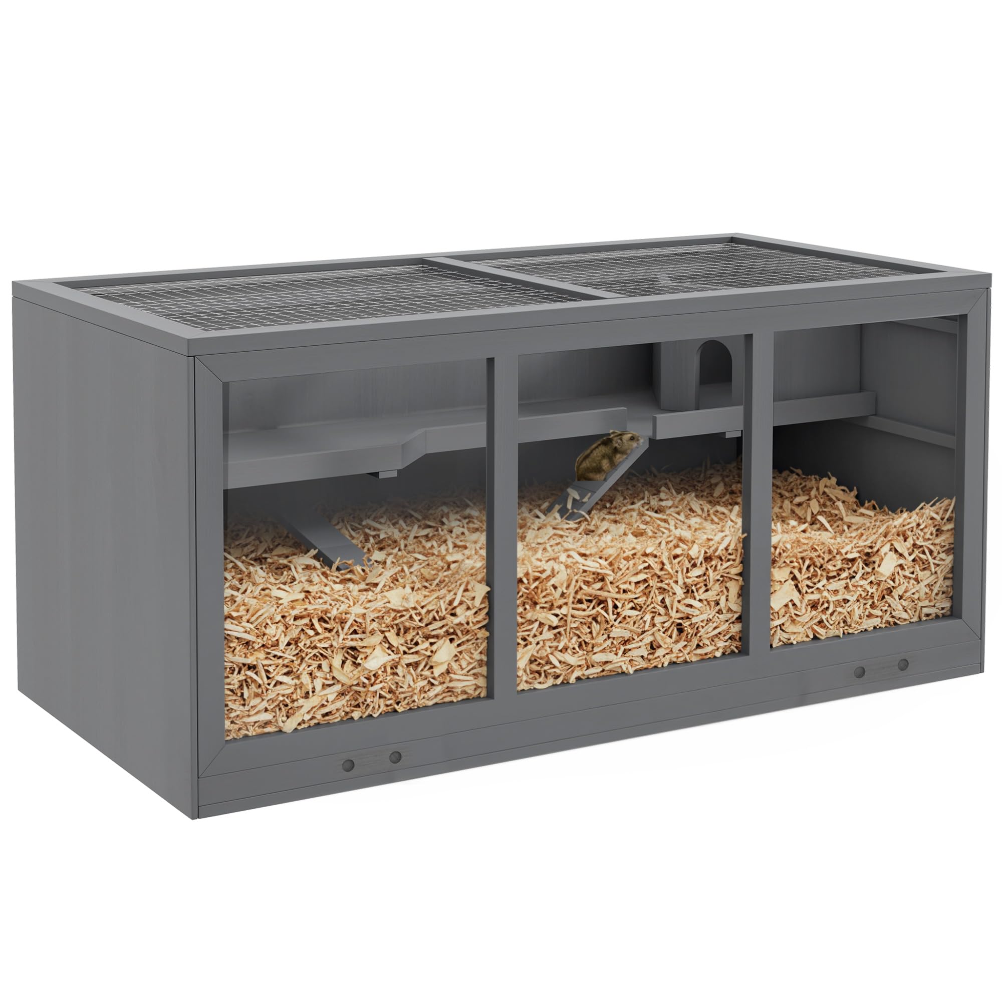 PawHut Cage pour hamster à 2 niveaux 115 x 57 x 55 cm Gris | Toit Ouvrant, Fenêtres Et Cabane, Habitat pour Petits Rongeurs, Cage Gerbilles, 2 Rampes, Plateau Amovible, Grande Taille