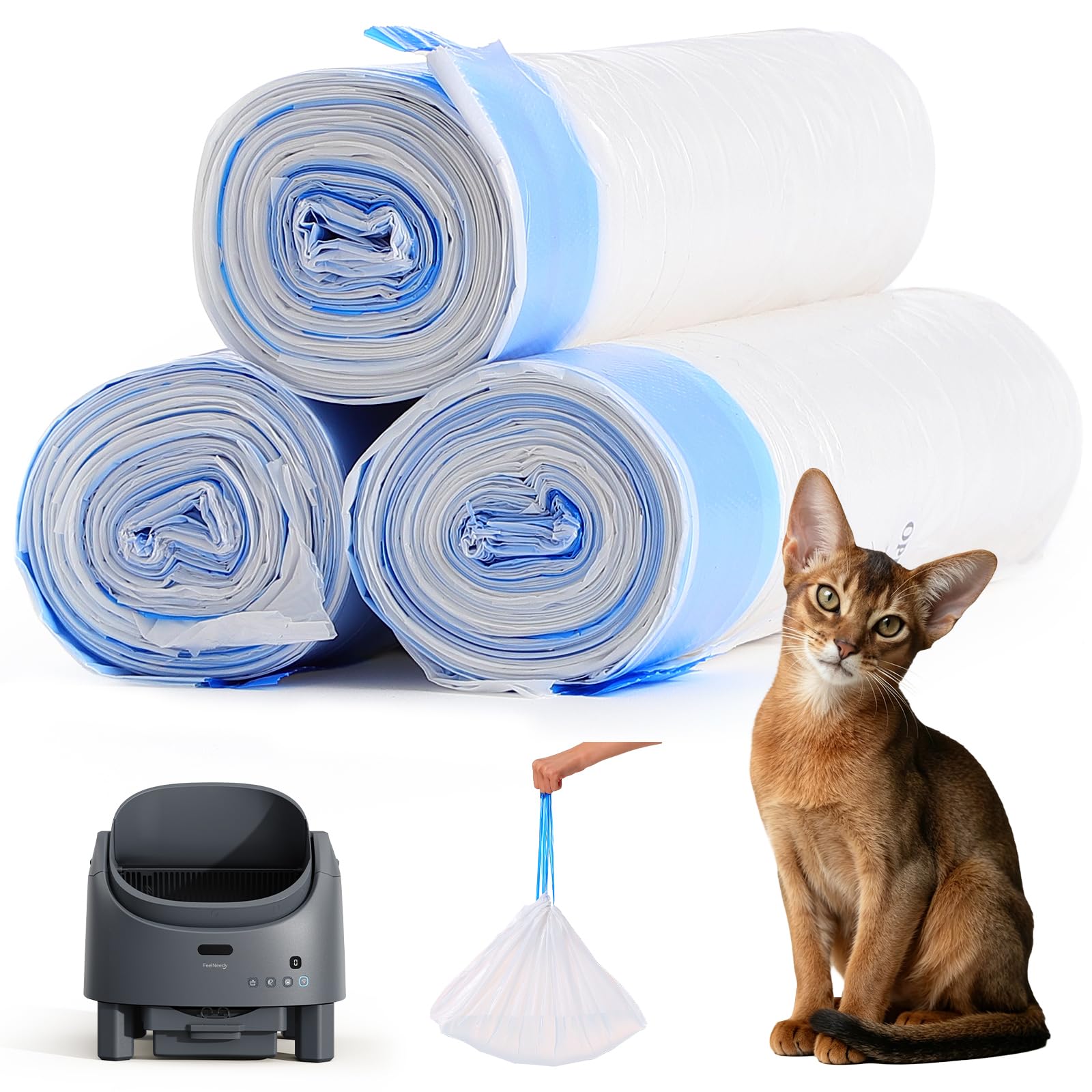 FEELNEEDY Lot de 60 Sacs Poubelle de Toilette pour Chat avec Cordon | Sacs Poubelles Automatiques pour Litière Automatique avec Système de Neutralisation des Odeurs 4075B, 3 Rouleaux * 20 (60pcs)