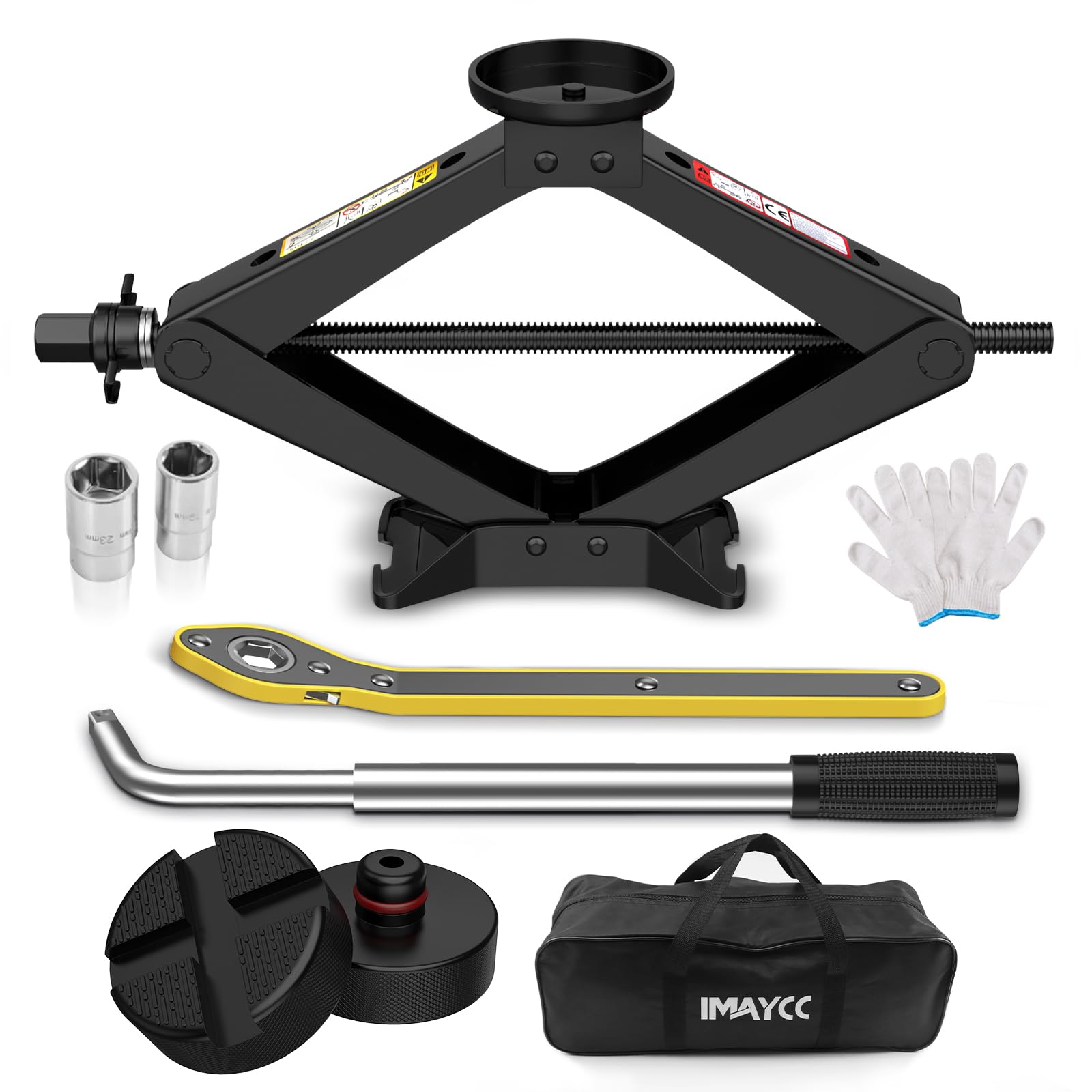 Cric Voiture 2.5T/2500kg IMAYCC Universel Crique Voiture avec 2 Tampon Caoutchouc, Portable Cric de Levage avec Clé pour Écrous de Roue, Set Urgence Automobile pour SUV MPV VoitureTesla