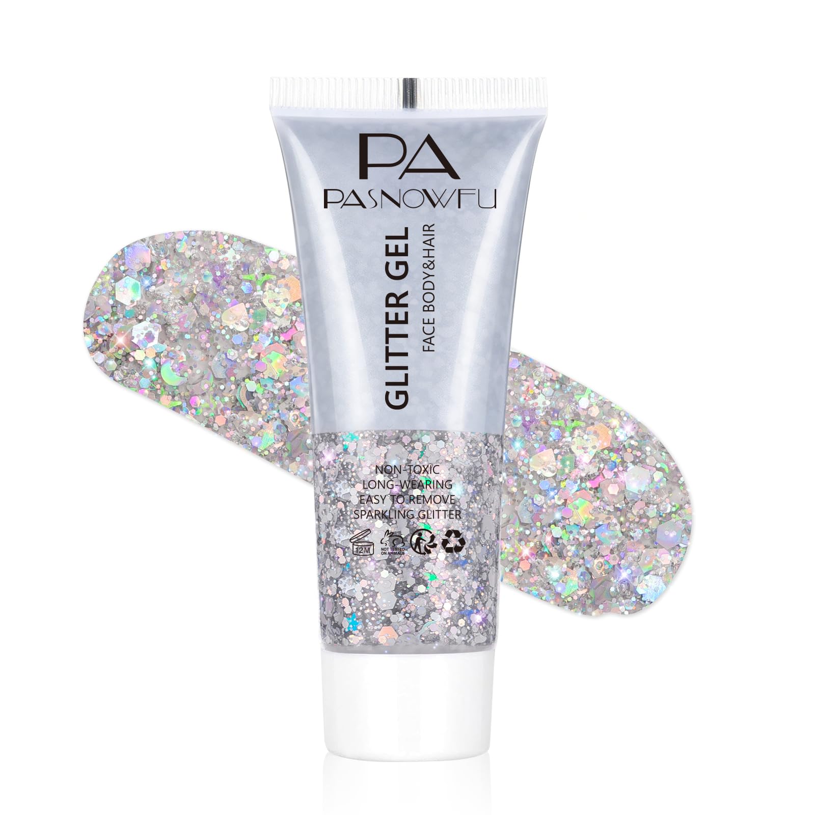 PASNOWFU Silver Body Glitter Gel, Holographic Chunky Face Hair Glitter | Sparkle Hair Glitter for Festival, Rave Accessories for Women, Mermaid Sequins Gel for Concert, Festival Outfits for Women