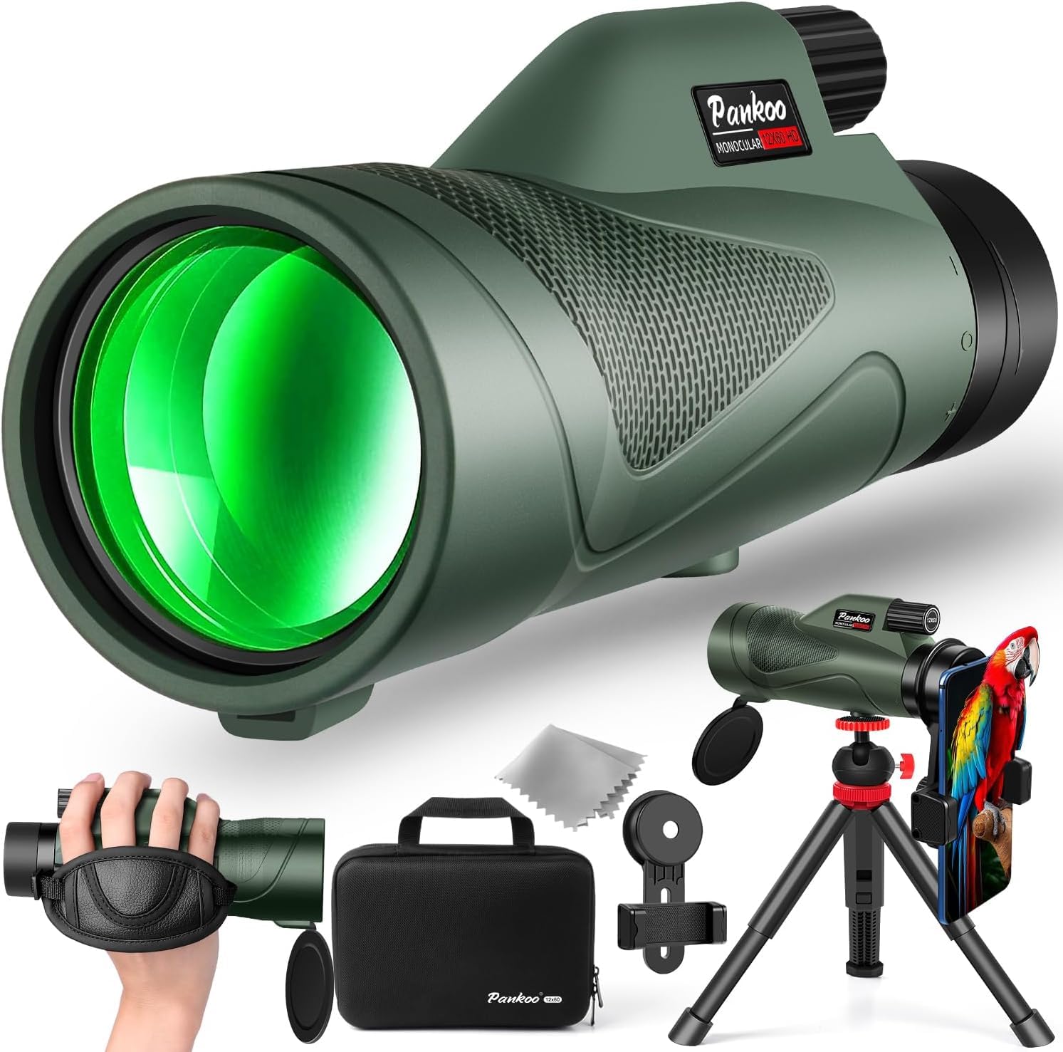 Pankoo Monoculaires 12x60 pour Adultes,Télescope monoculaire Haute Puissance pour l'observation des Oiseaux, Le Camping, Les Voyages,avec Support pour Smartphone et trépied,Vert