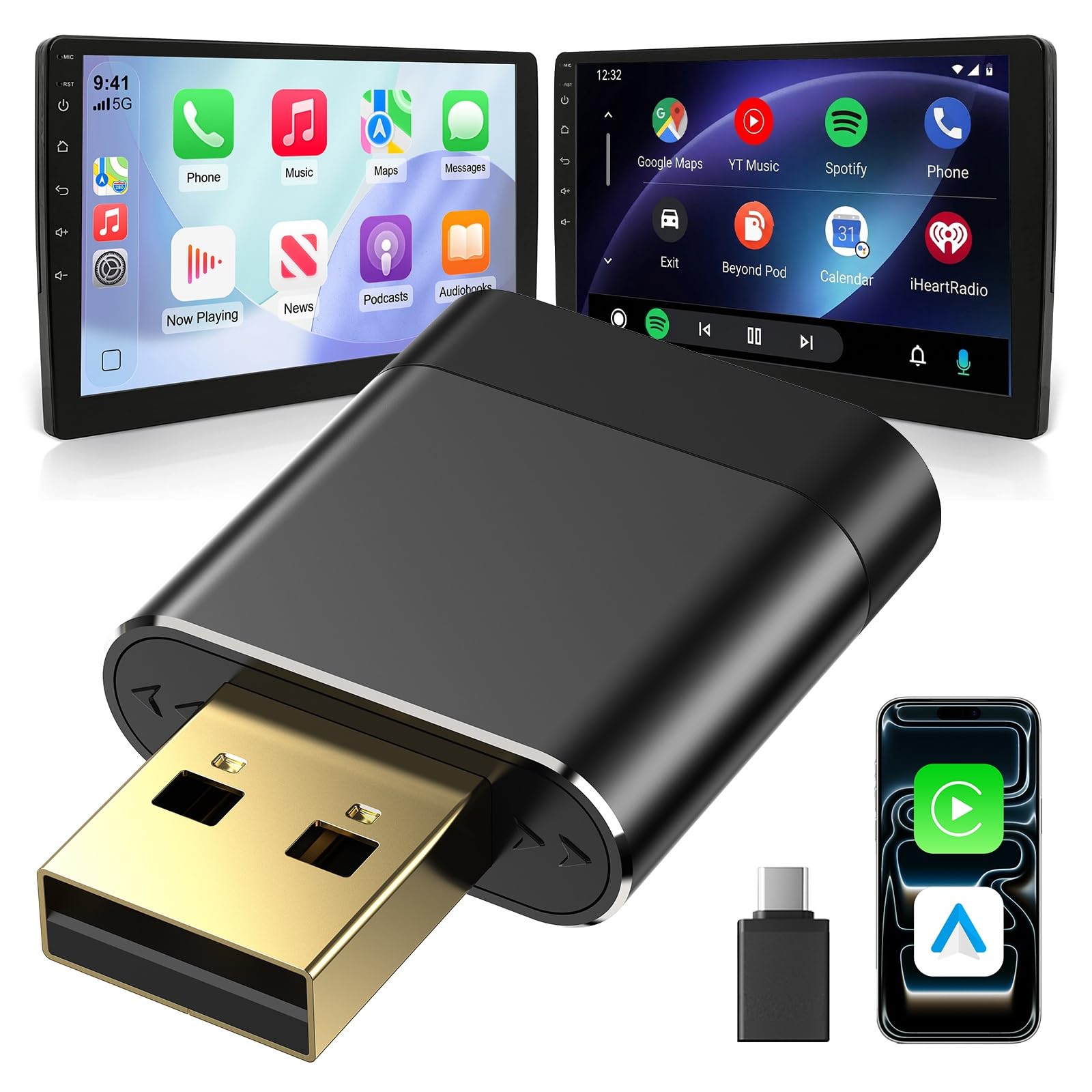 Mini CarPlay sans Fil avec GPS Portable Voiture, USB-C/A doré, Noir | Dongle sans Fil pour Apple CarPlay & Android Auto, Rapide et Stable, Reconnexion Auto, Compatible iOS 10+ et Android 11+