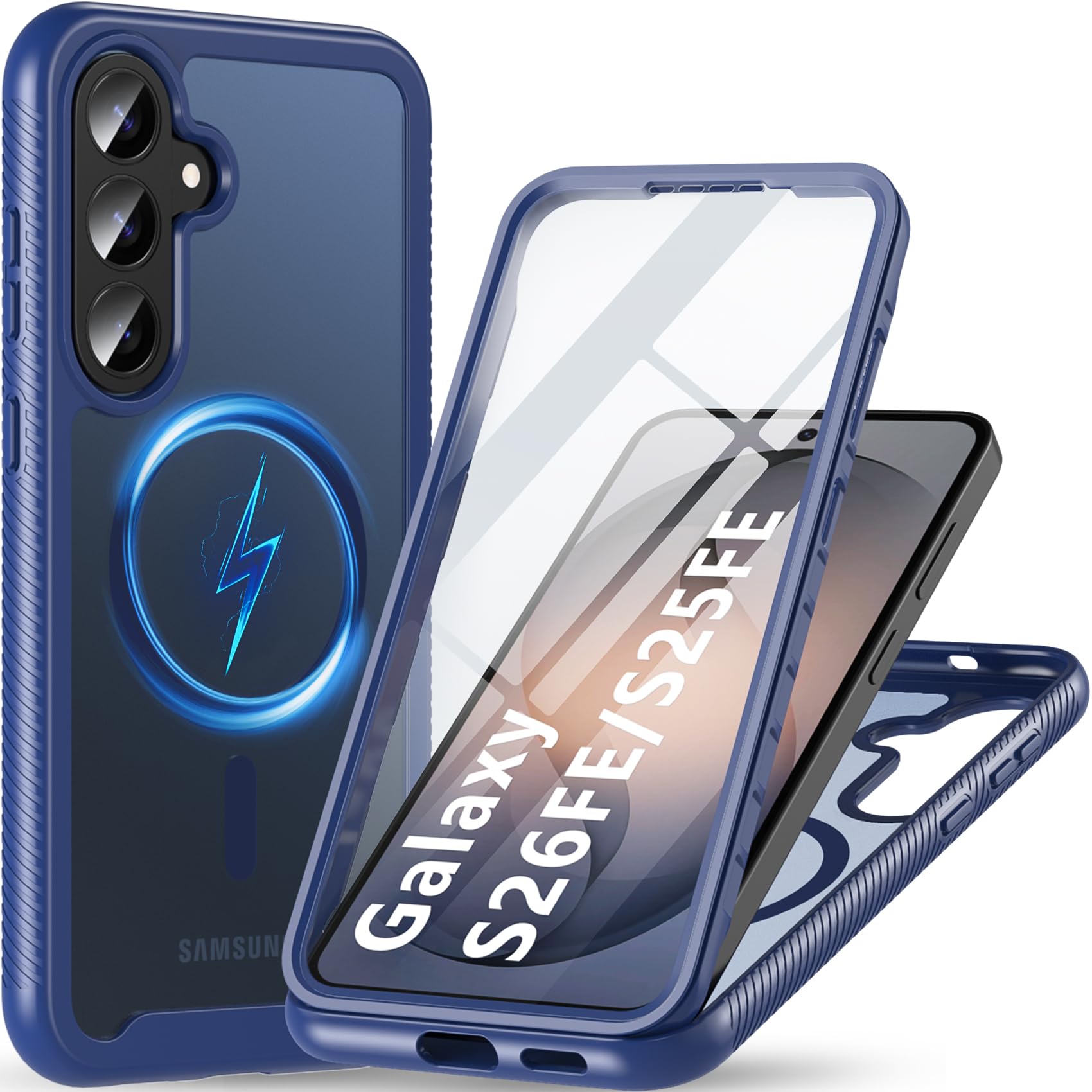 OWKEY Coque 360° pour Samsung Galaxy S26 FE/S25 FE avec Film, Bleu | avec Magsafe, Protection d'Écran Intégrée, Dos Mat Translucide, Norme Militaire 360° Antichoc et Antirayures, Fin, Outdoor