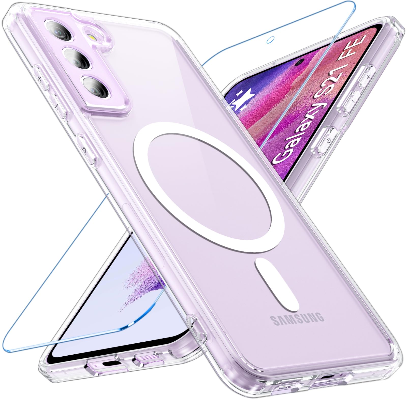 Fin2feel Coque magnétique pour Samsung Galaxy S21 FE Compatible avec MagSafe avec protection d'écran en verre trempé, Coque transparente mince et résistante aux chocs pour Samsung Galaxy S21 FE 5G