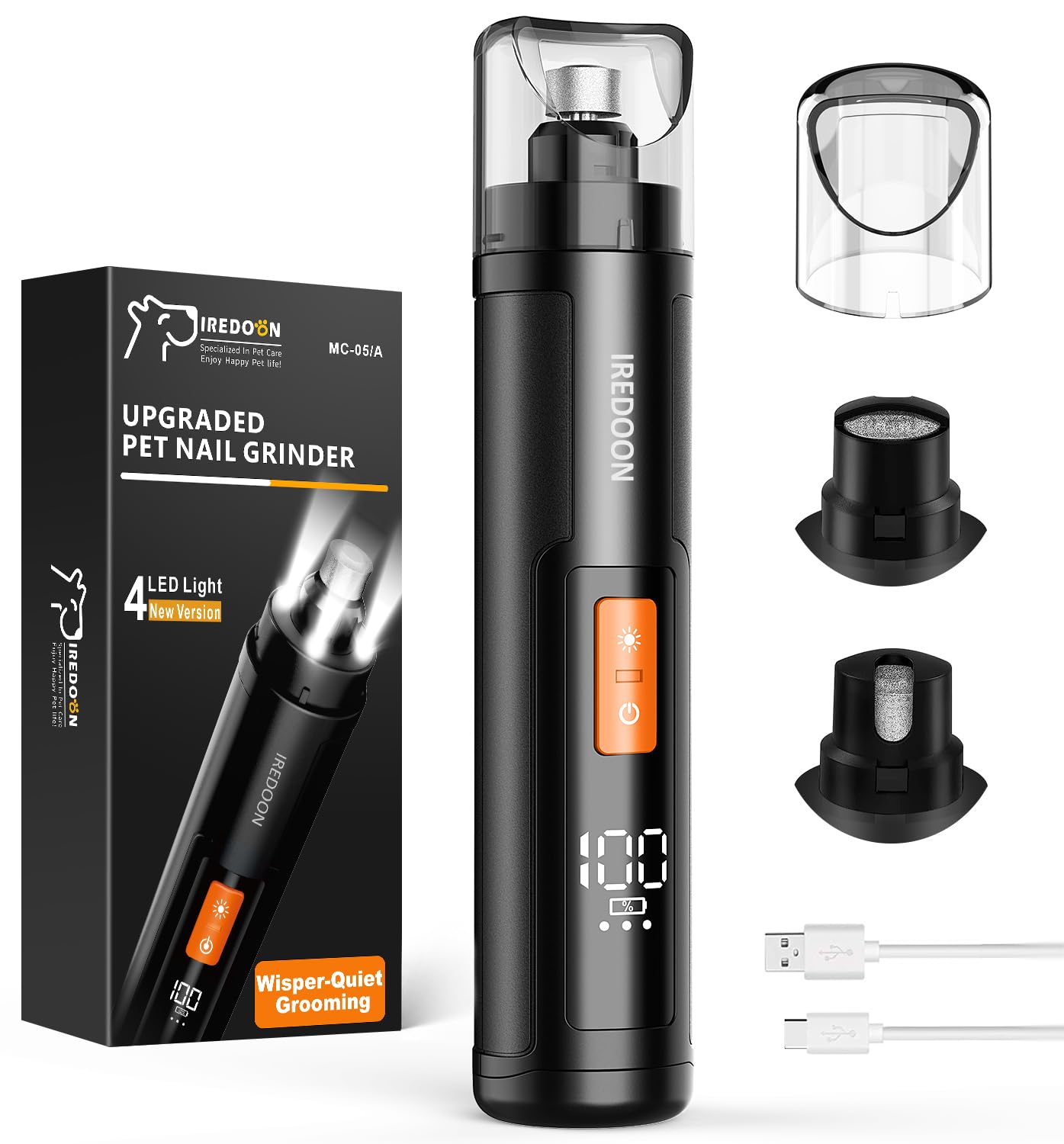 IREDOON Lime à Ongles Chien, 3 Vitesses avec 4 lumières LED pour Animaux | Silencieux, avec Capuchon Anti-Poussière, Coupe-Ongles électrique, Rechargeable, Convient aux Chats et Aux Chiens(Noir)