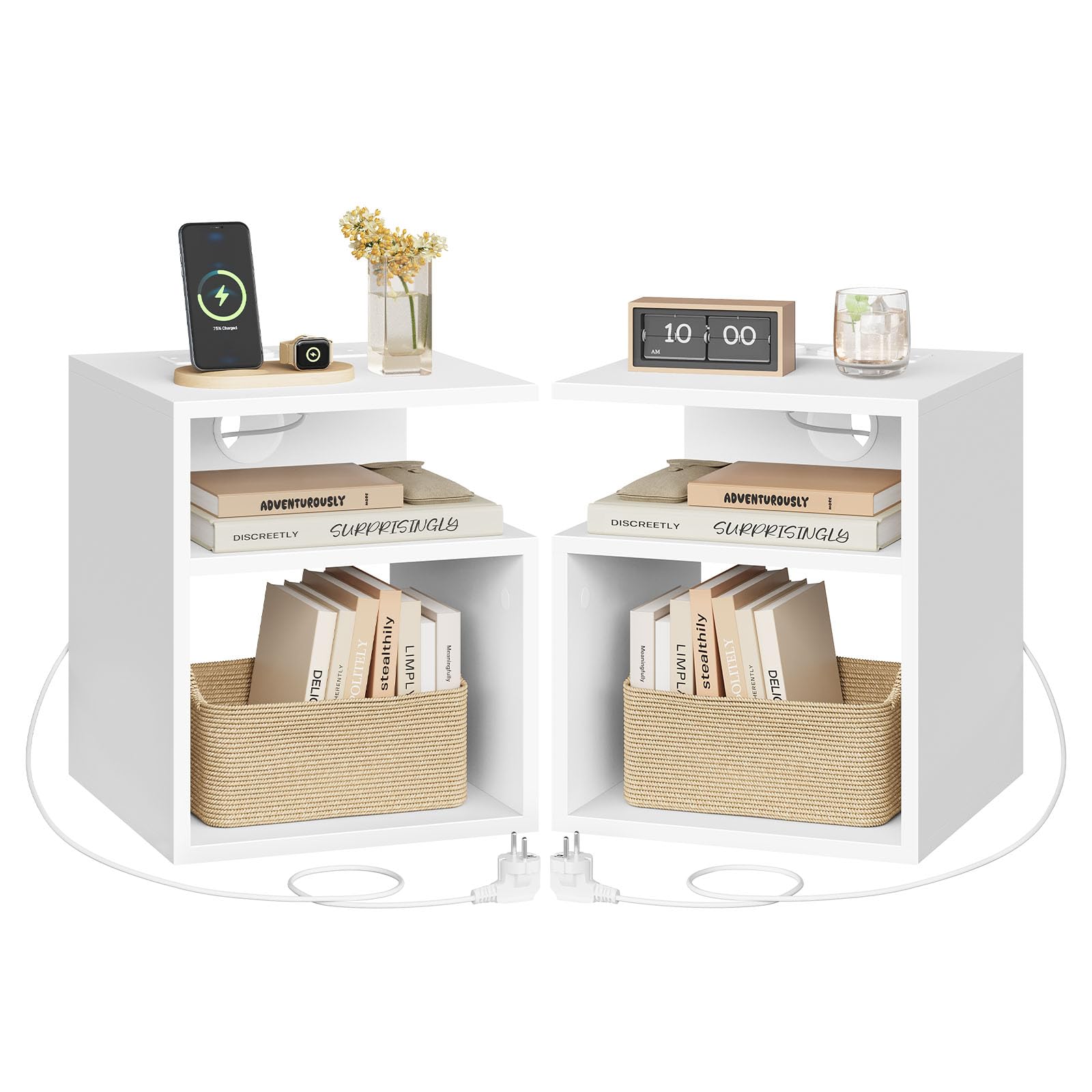 EUGAD Table de Chevet Connectée, Lot de 2, en Bois d'Ingénierie, Blanc | avec Prise Intégrée, 2 Prises AC, 1 Port USB, 1 Port Type-C, 2 Compartiments Ouverts