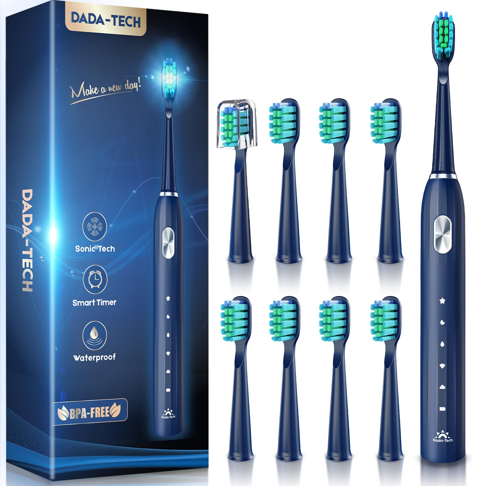 Brosse à Dents Électrique Soniques, Brosse a Dents Électrique pour Adultes et Enfants avec 5 Modes, Minuterie Intégrée et 9 Têtes Electric Toothbrush(Bleu)