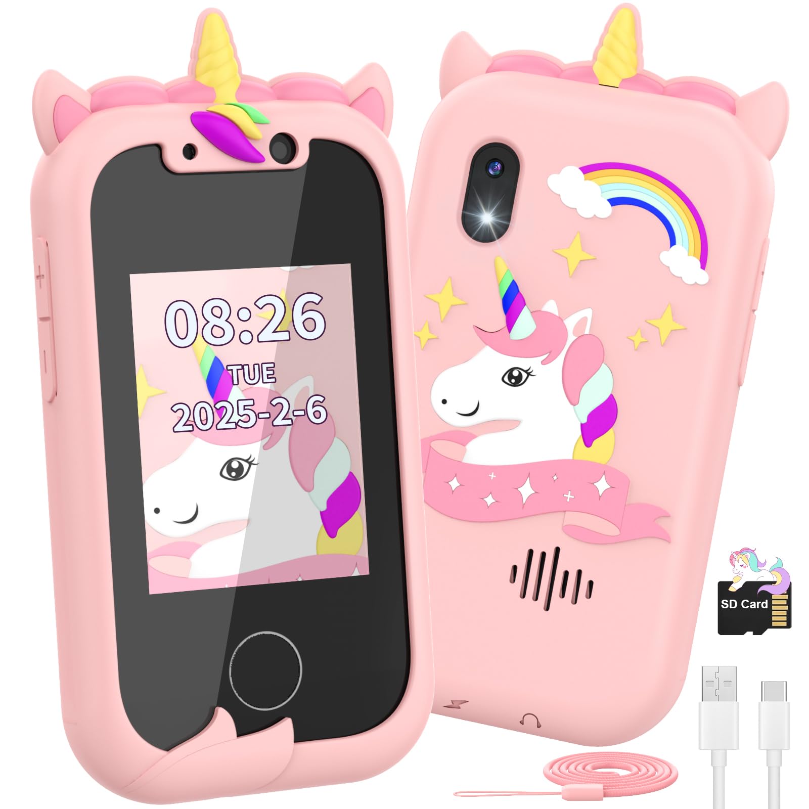 Ashfly Telephone Portable pour Enfants - Smartphone Enfant Jouets Fille 3 4 5 6 7 8 9 10 Ans, Téléphone Licornes 2,4 Pouces, Cadeaux d'anniversaire de Noël, Jouet éducatif avec 13 Jeux, Musique