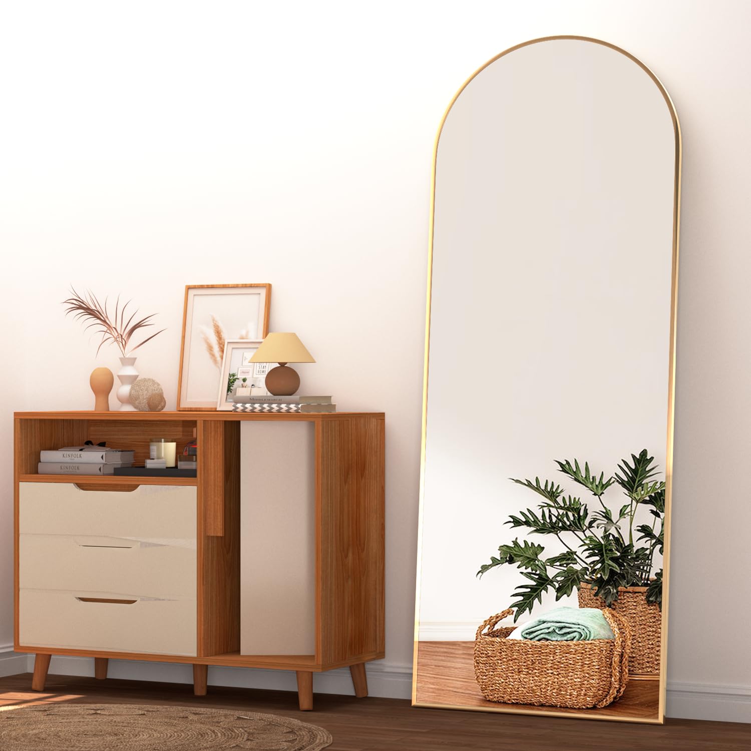 NEUWEABY Miroir Pleine Longueur Arqué de 162 x 53 cm avec Support Grand Miroir Mural Doré à Suspendre ou Appuyer Contre Un Mur pour Chambre à Coucher, Entrée, Salon