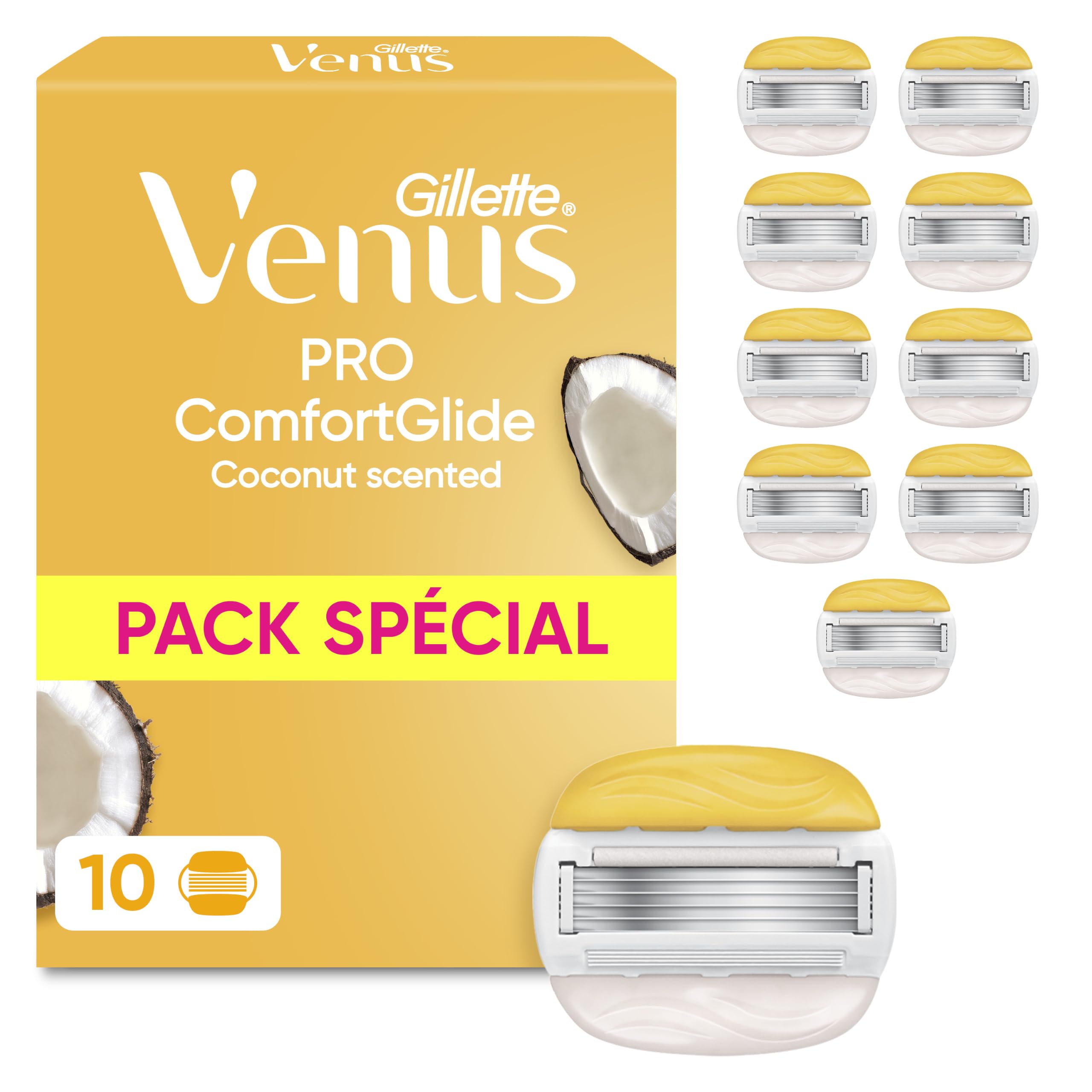 Gillette Venus Lames de Rasoir Femme, pack de 10 Rechanges Pro ComfortGlide | Cartouche Dotée de la Bande Lubrifiante au Parfum Noix de Coco, une Touche d’Aloe Vera, pour le Rasage de la Peau Sèche