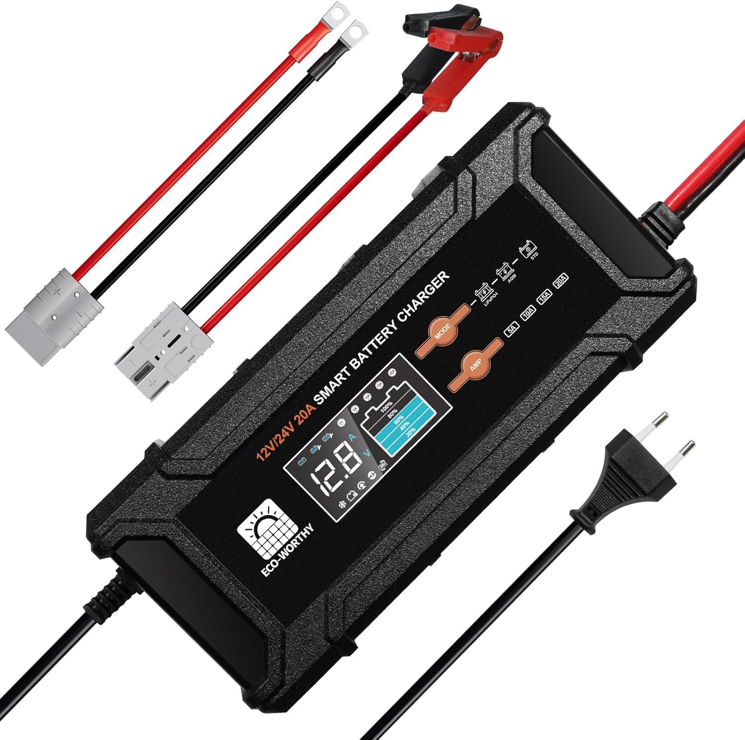 ECO-WORTHY 12V/24V 20A Chargeur de Batterie LiFePO4 | avec options multi-courant 5A/10A/15A/20A,détection automatique de la tension de la batterie plomb-acide LiFePO4