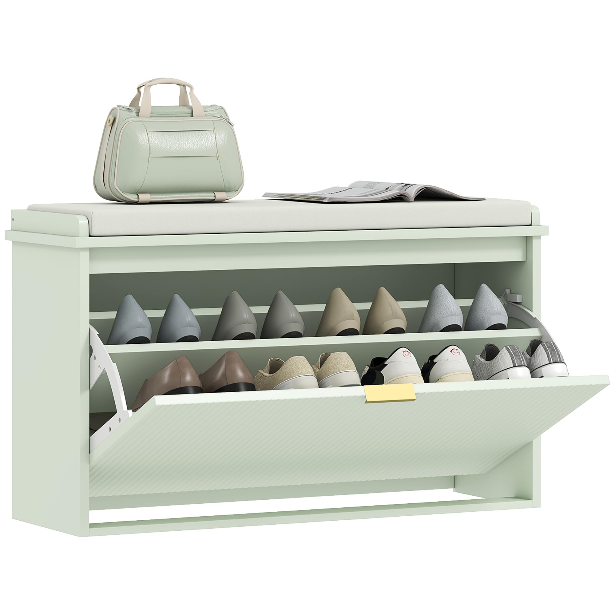 HOMCOM Banc à Chaussures avec Coussin Rembourré 80 x 26 x 47,5 cm Vert | Meuble à Chaussures, Tiroir Rabattable, Banc d'Entrée, Couloir, Chambre