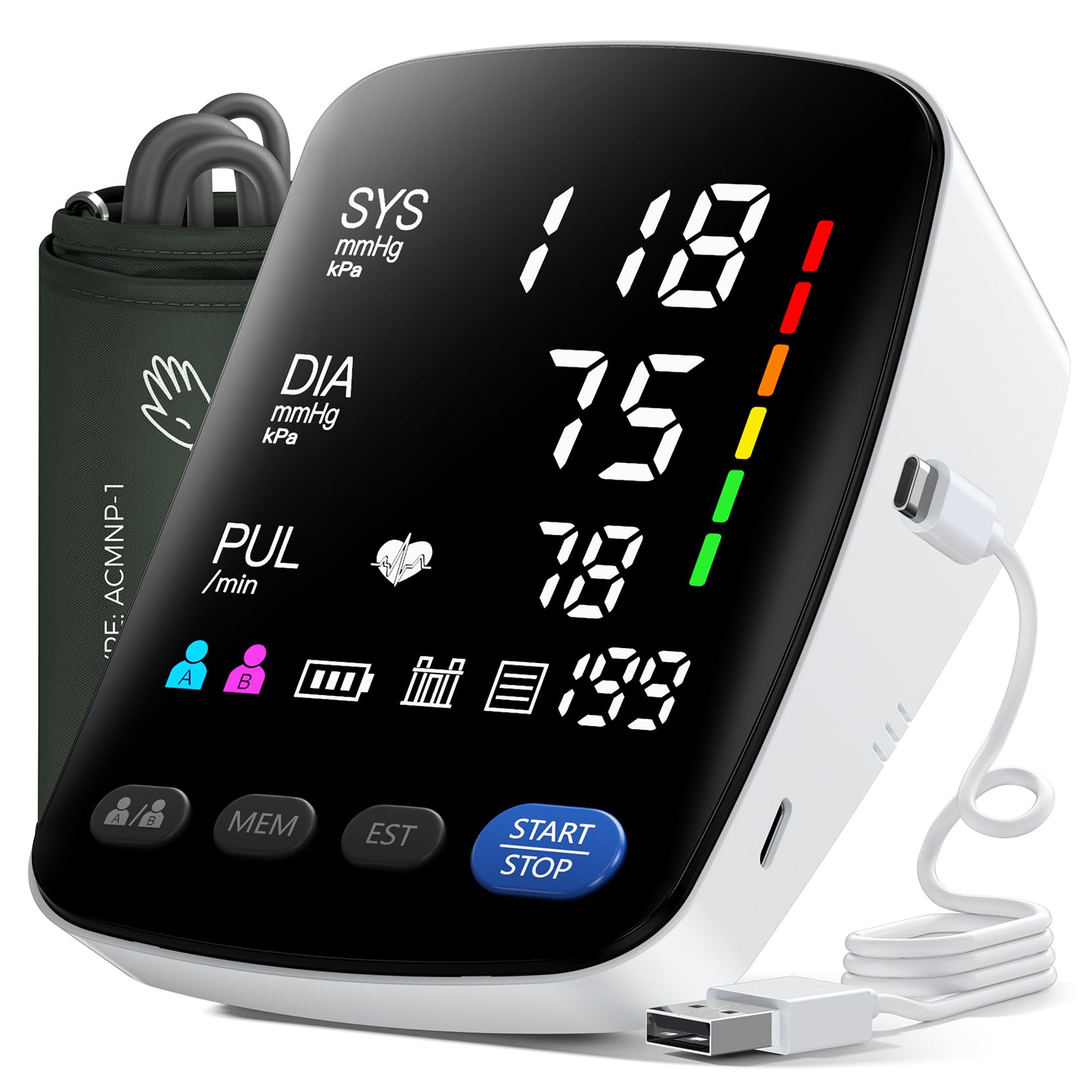 Tensiometre Bras -Tensiomètre Bras Professionnel avec écran LED HD pour la Circonférence du bras 22-42 cm, peut Contenir 2 x 199 Utilisateurs, Câble de Charge de Batterie AA/Type-C