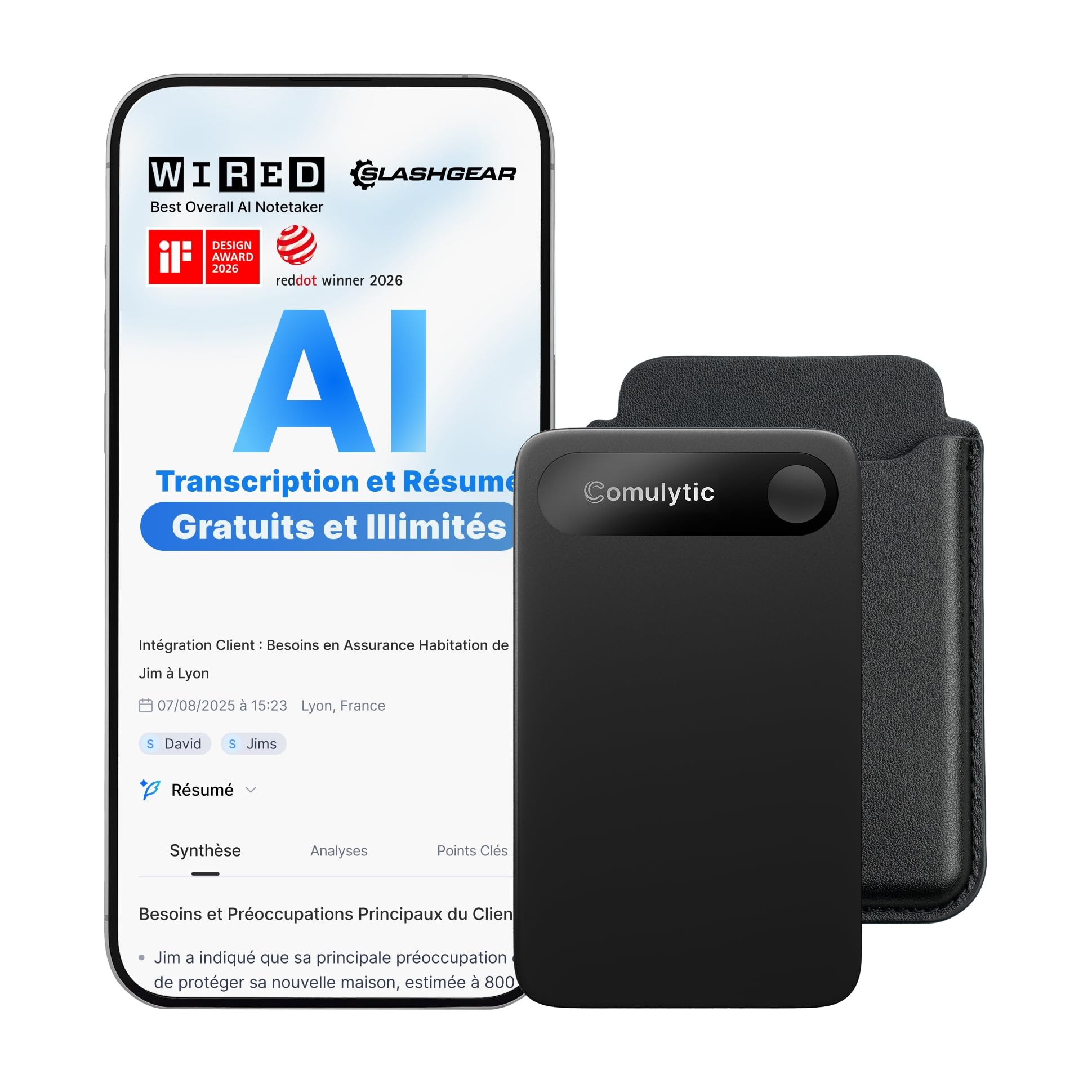 Comulytic Note Pro Enregistreur Vocal IA, Dictaphone IA avec Transcription | Résumé Illimités, Contrôle par App, 113 Langues Conçu pour Conférences, Réunions et Appels, avec Étui, Noir