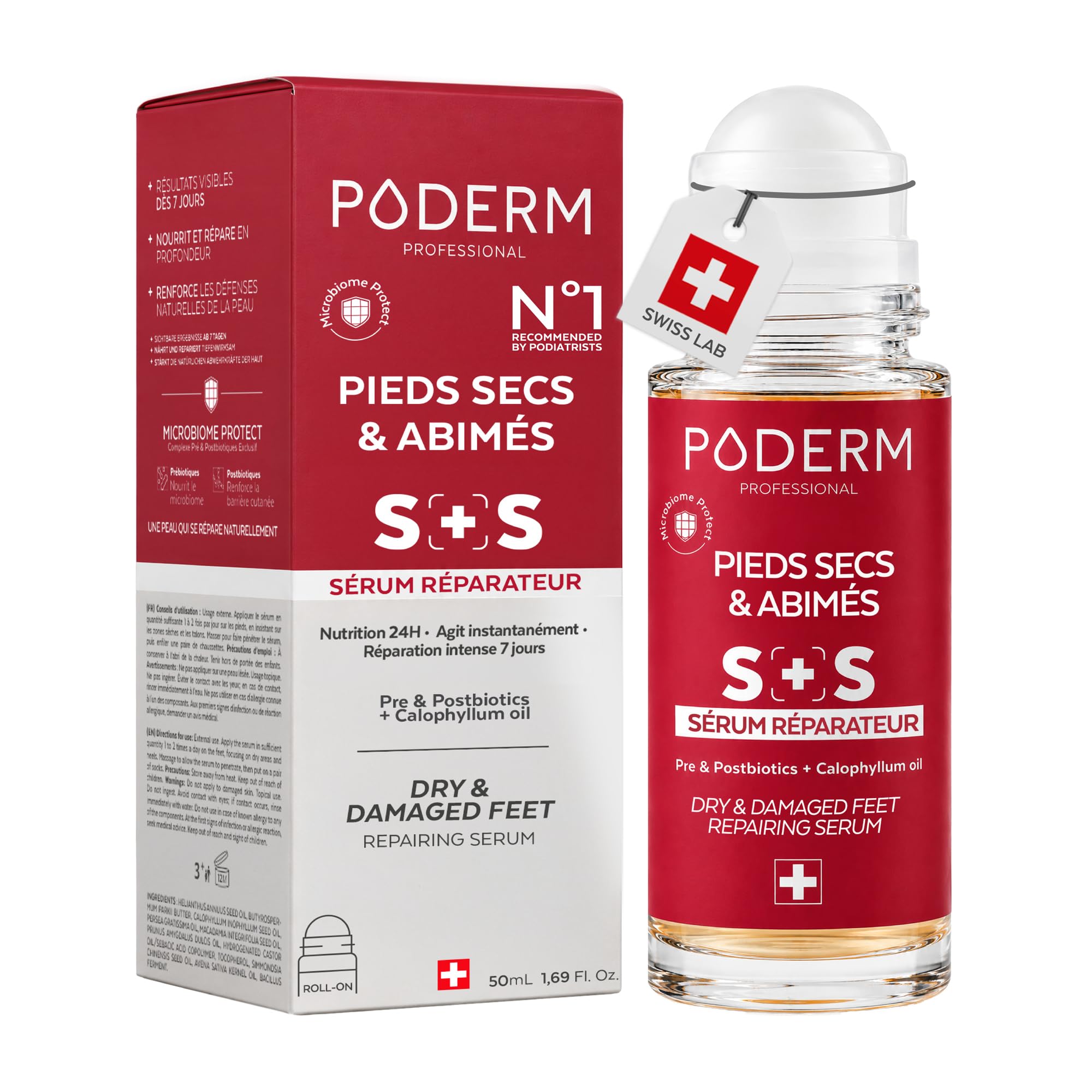 PODERM SOS Sérum Réparateur Pieds Secs et Abîmés Roll-On - 50mL | Swiss Lab | Nutrition 24h Pieds Secs & Tiraillés - Texture Sèche Non Grasse - Pré & Postbiotiques, Calophylle - Créé par un Podologue
