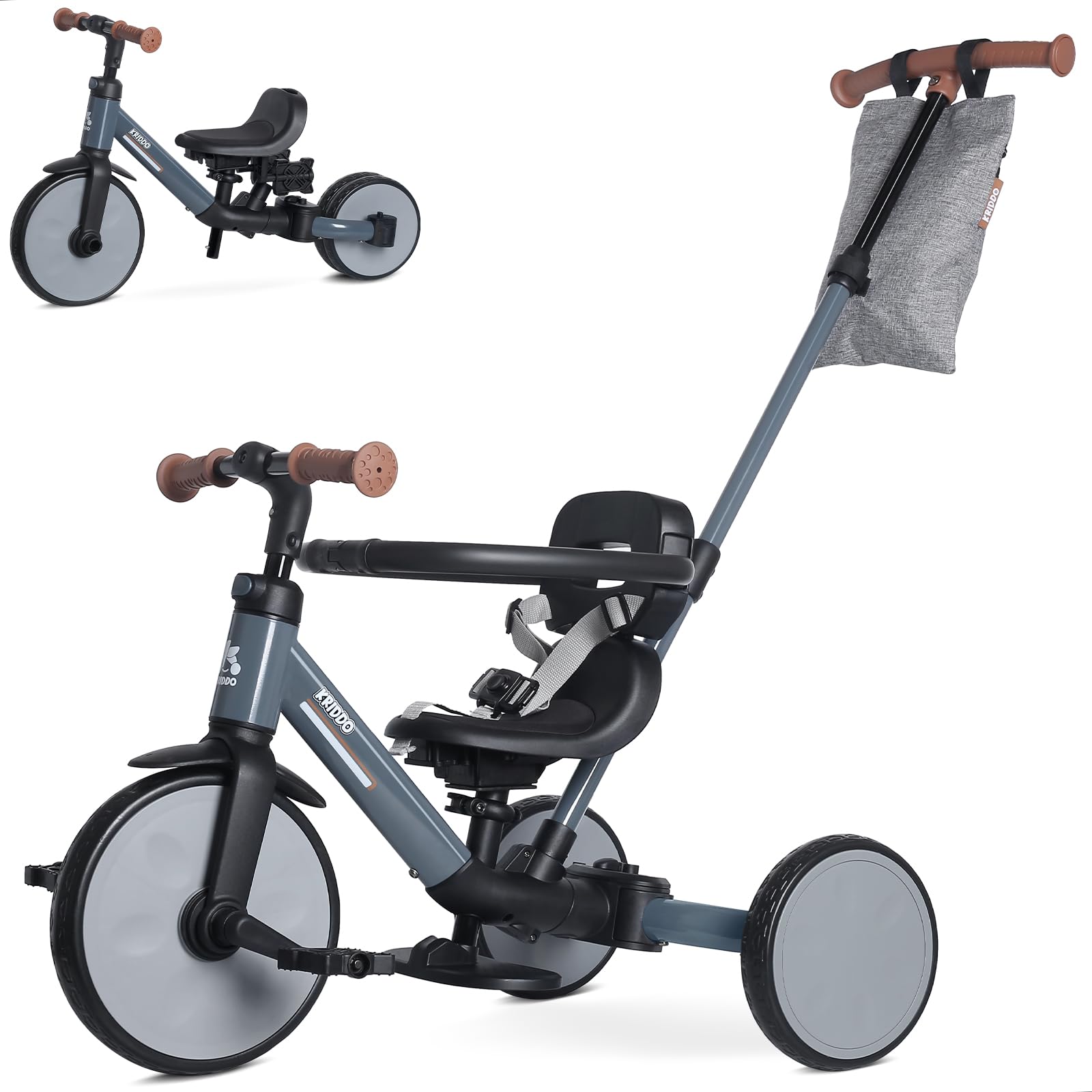KRIDDO Tricycle bébé évolutif avec poignée parentale, 18 mois à 5 ans | Convertible tricycle et draisienne, sac de rangement, siège réglable, harnais 3 points, cadeau pour garçons et filles, Gris