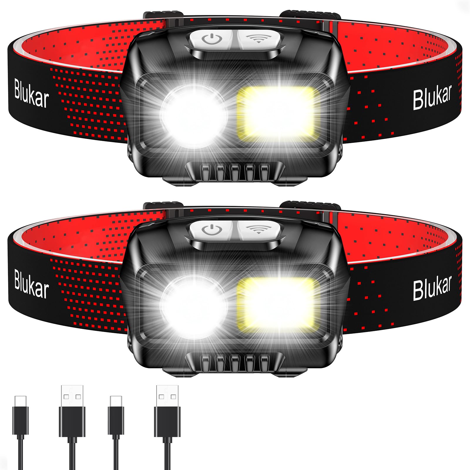 Blukar Lampe Frontale Rechargeable 2 Pack 2000L Super Lumineux IPX5 Étanche | Léger Torche Frontale LED Puissante avec Voyant Rouge, 8 Modes d'éclairage, Capteur Mouvement, 30H d'autonomie pour Course