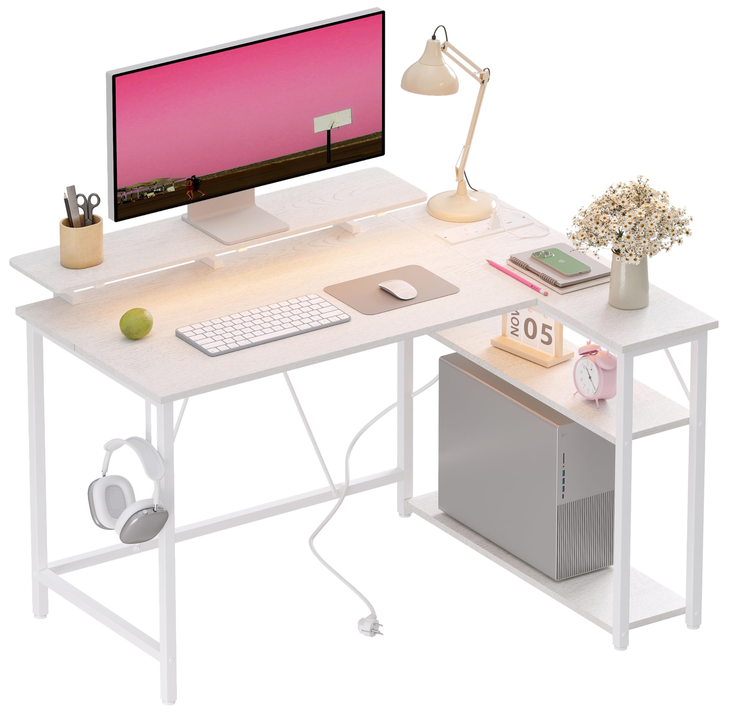 Xyphren Bureau de Jeu en Forme de L avec lumières LED RVB et Prises électriques, Petit Bureau Informatique de 100 * 80 cm avec étagères réglables Blanc