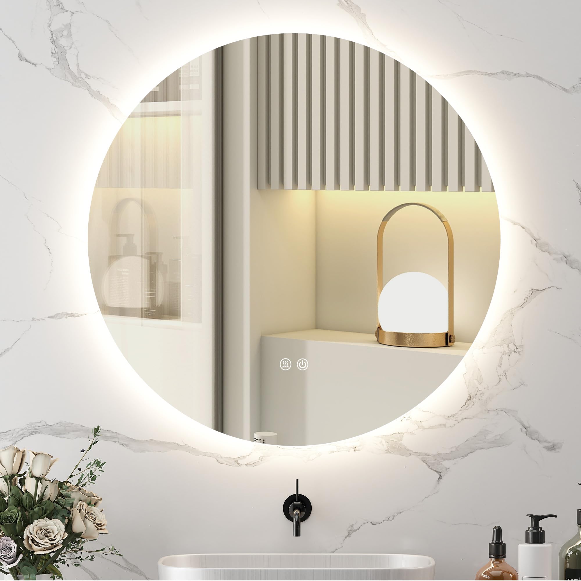 kleankin Miroir Rond Lumineux LED avec Éclairage 80 cm Blanc et Argent | Miroir Mural, Avec Éclairage, Interrupteur Tactile, Système Antibuée, Luminosité Réglable, 20,5W+26W