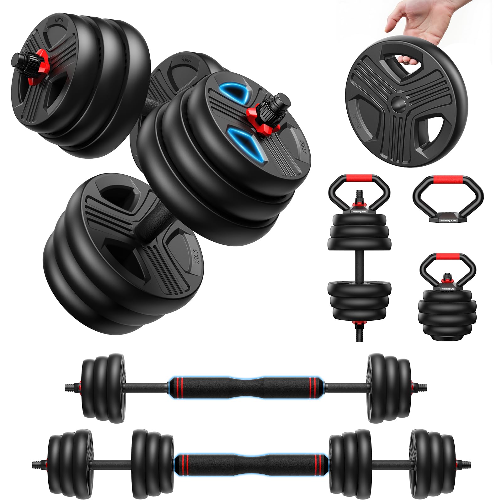 FEIERDUN 10/15/20/25/30/40kg 5 En 1 Kit Haltères Musculation, Poids Réglable, Disque Musculation Dumbbells Barres Pour La Salle De Sport