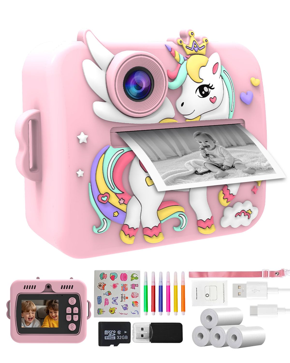 Appareil Photo Instantané Enfants Licorne 2.4" Écran, Vidéo 1080P & Zoom 16X, Appareil Photo Enfant avec Impression Thermique sans Encre, 32Go, Jeux & Musique, Cadeau Garçons et Filles 3-12 Ans, Rose